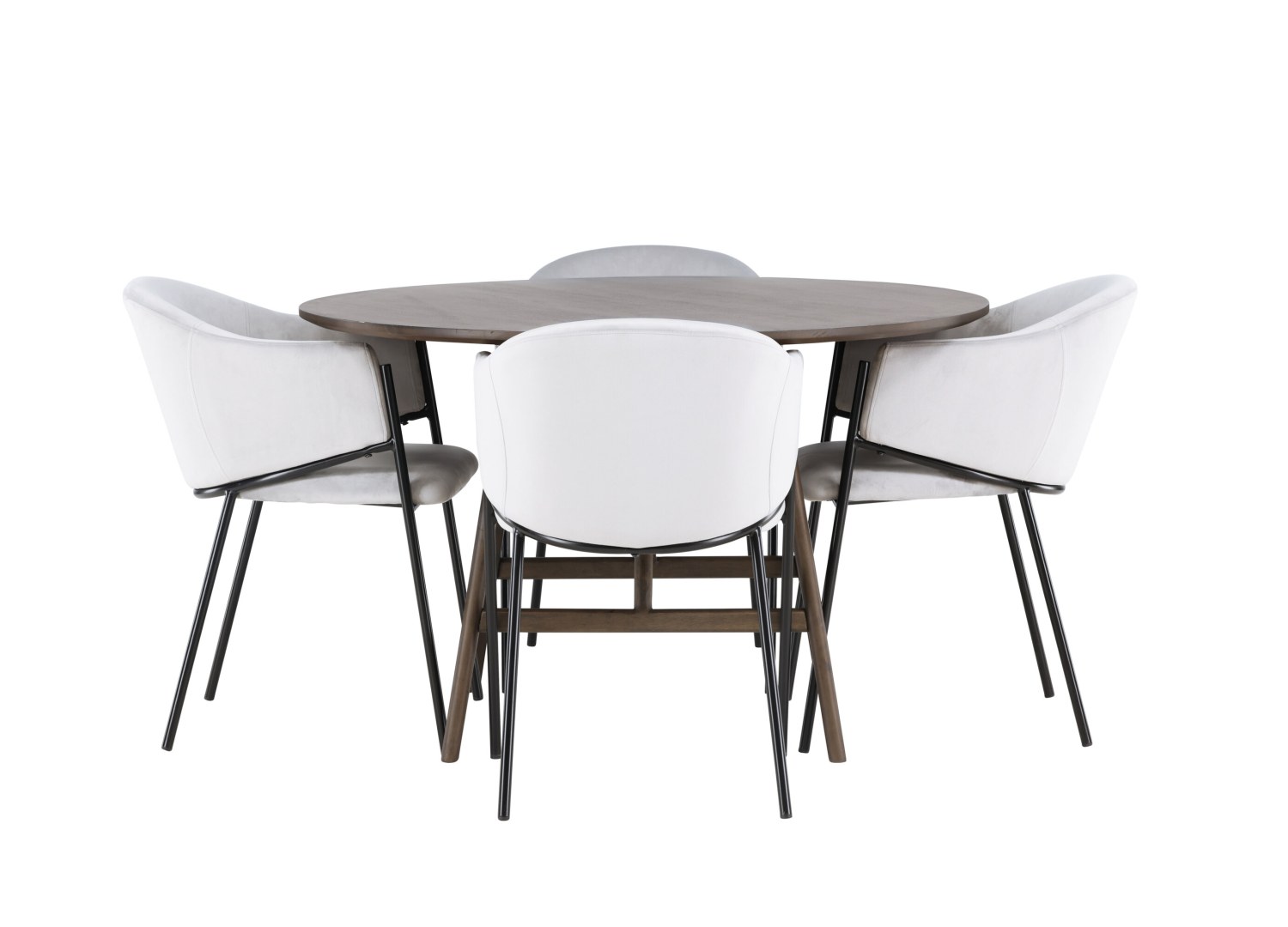 Vue produit de l’ensemble table ronde Kaseidon avec 4 chaises Evelina