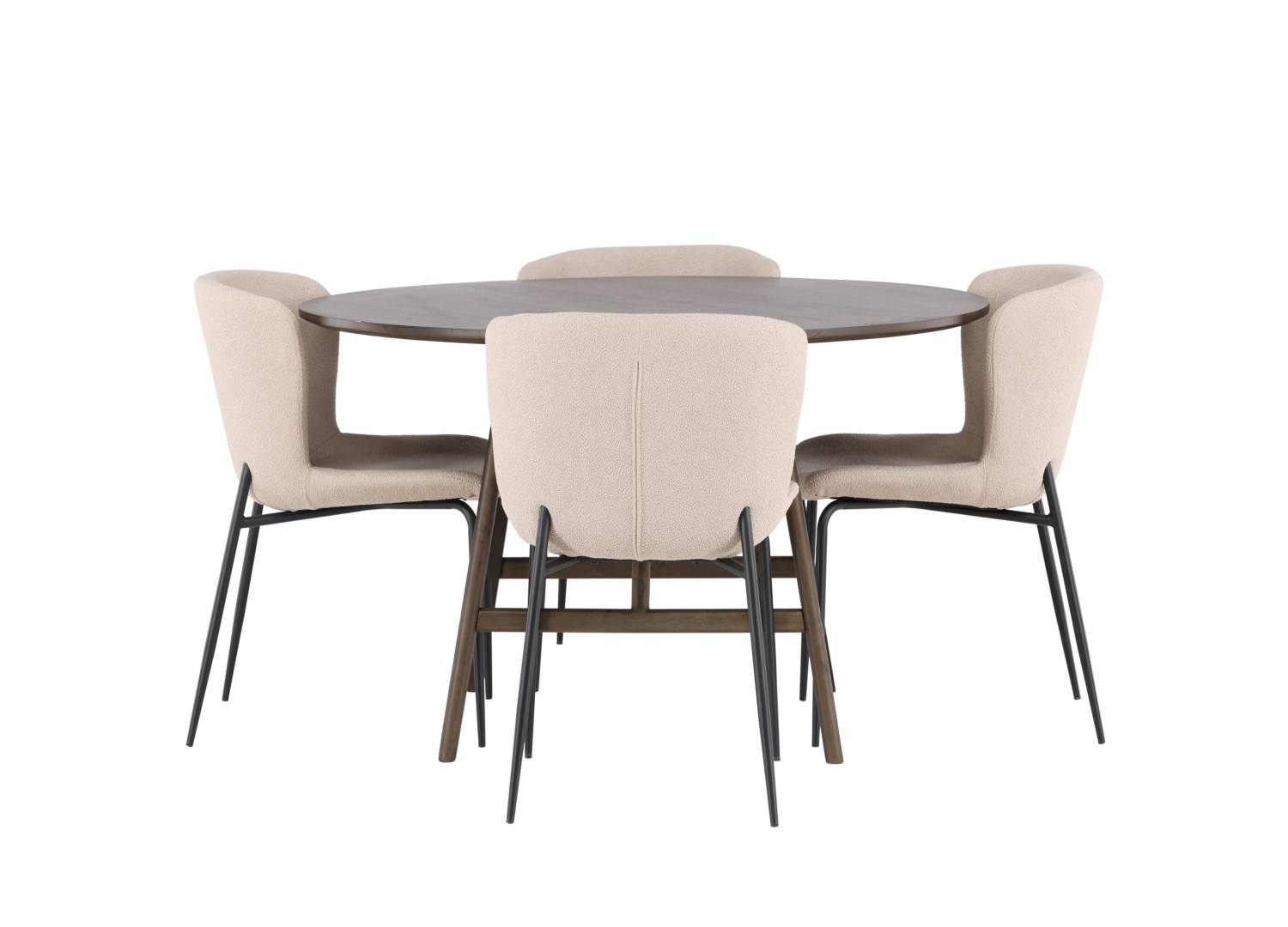 Vue produit de l’ensemble table ronde Kaseidon avec 4 chaises Modesto