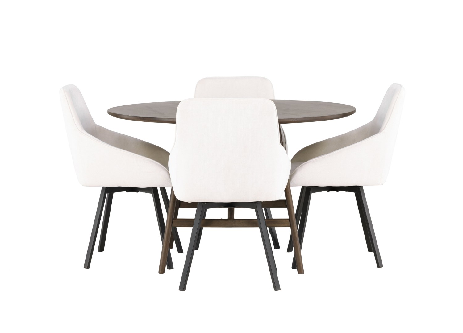 Vue produit de l’ensemble table ronde Kaseidon avec 4 chaises Rosie