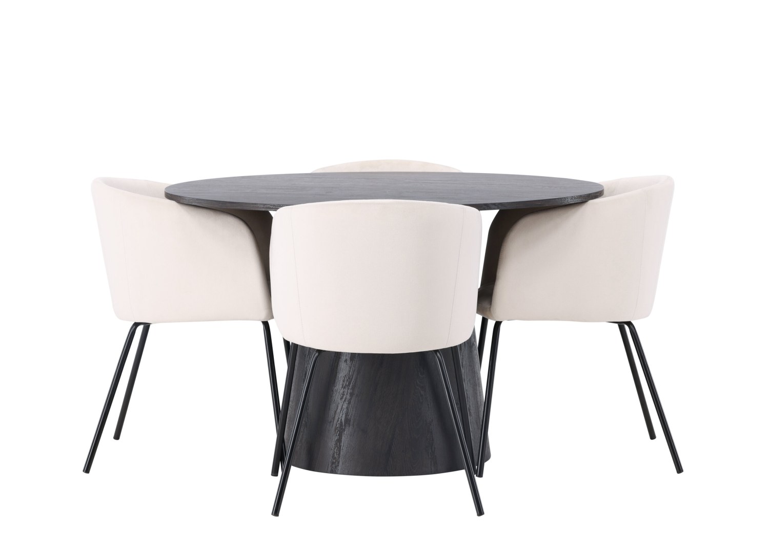 Vue produit de l’ensemble table ronde Lanzo avec 4 chaises Berit