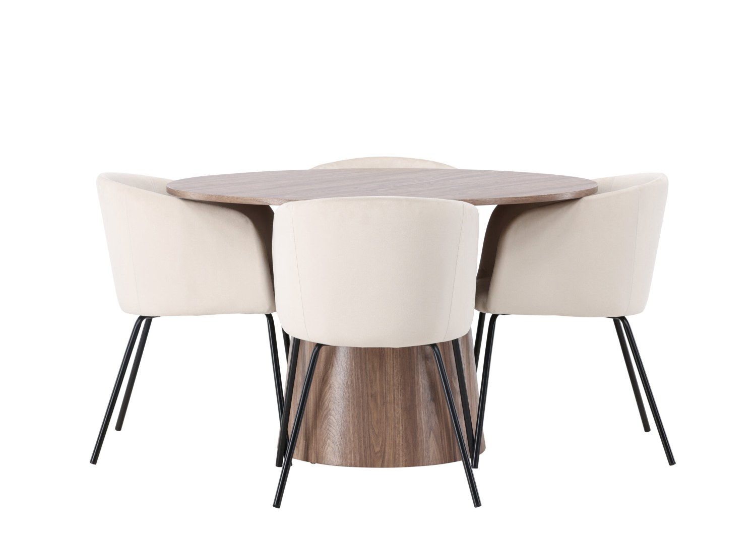 Vue produit de l’ensemble table ronde Lanzo avec 4 chaises Berit