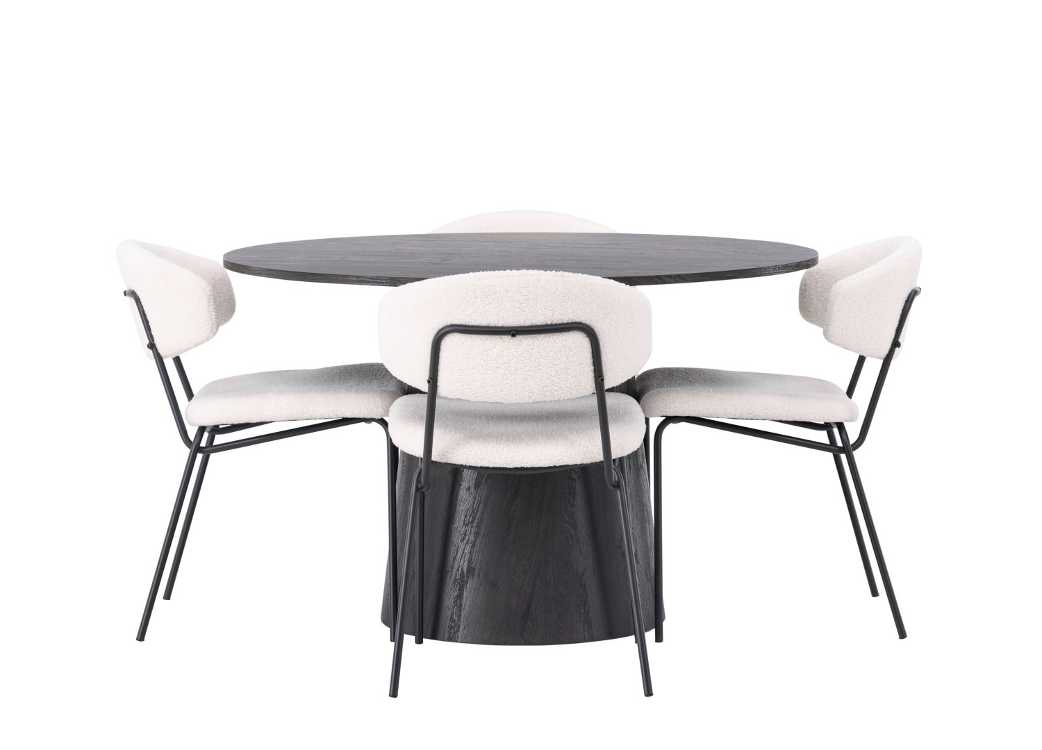 Vue produit de l’ensemble table ronde Lanzo avec 4 chaises Chico