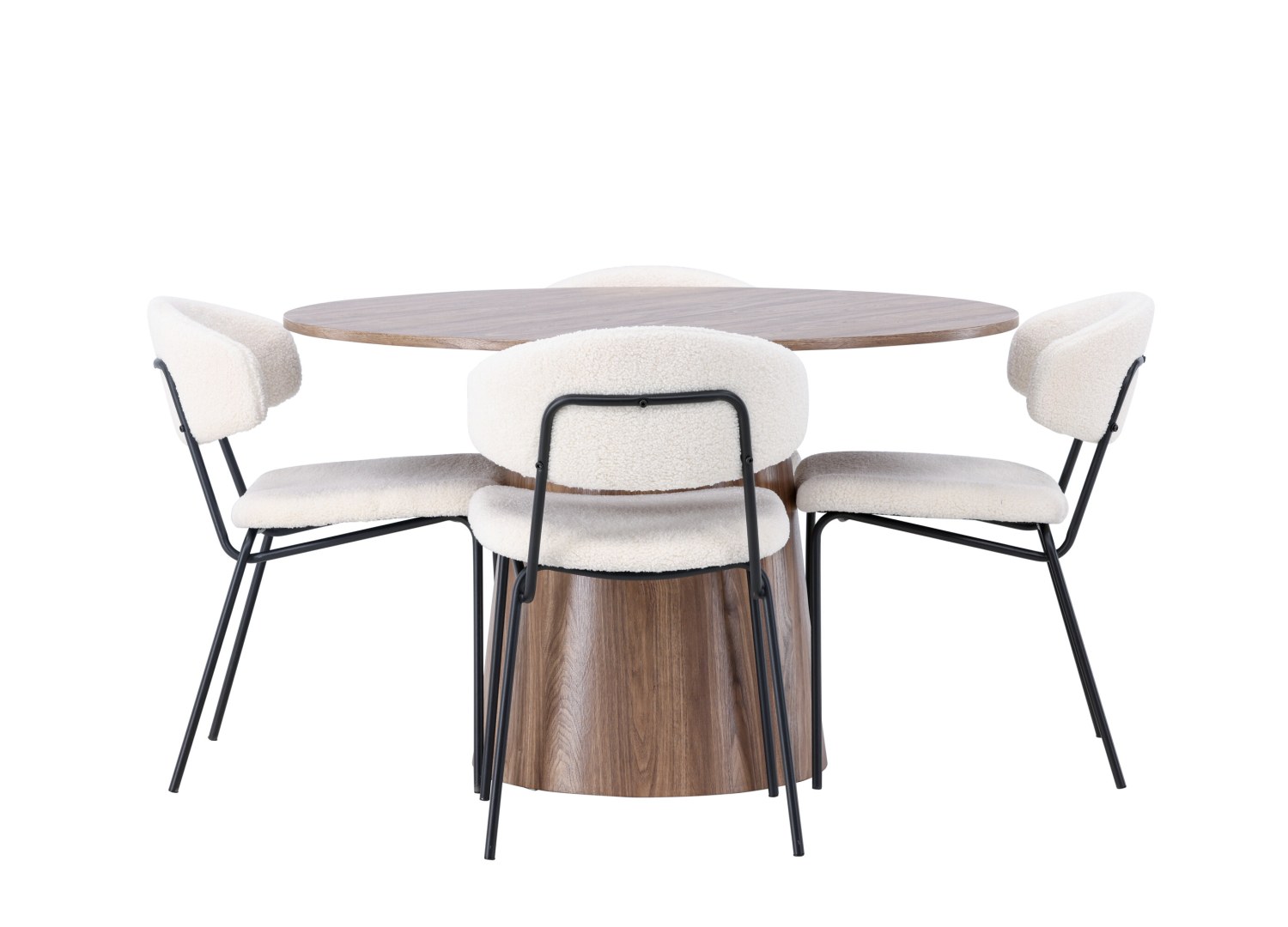 Vue produit de l’ensemble table ronde Lanzo avec 4 chaises Chico