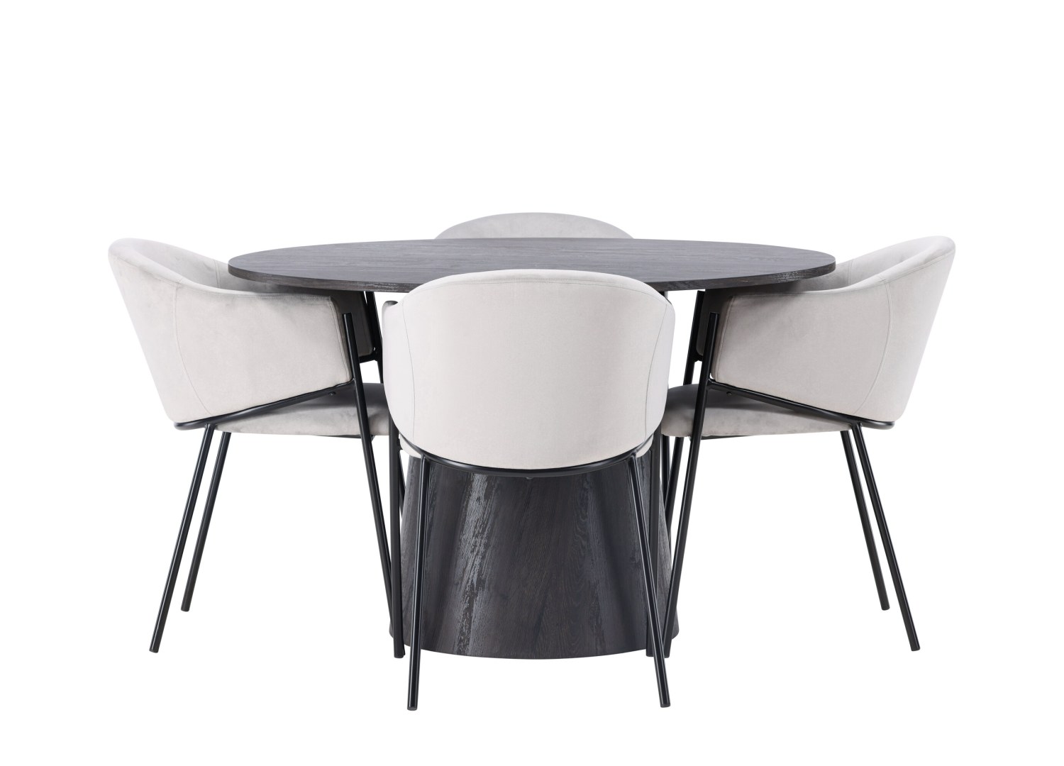 Vue produit de l’ensemble table ronde Lanzo avec 4 chaises Evelina