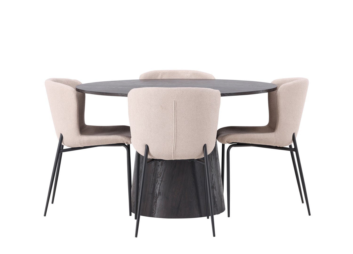 Vue produit de l’ensemble table ronde Lanzo avec 4 chaises Modesto