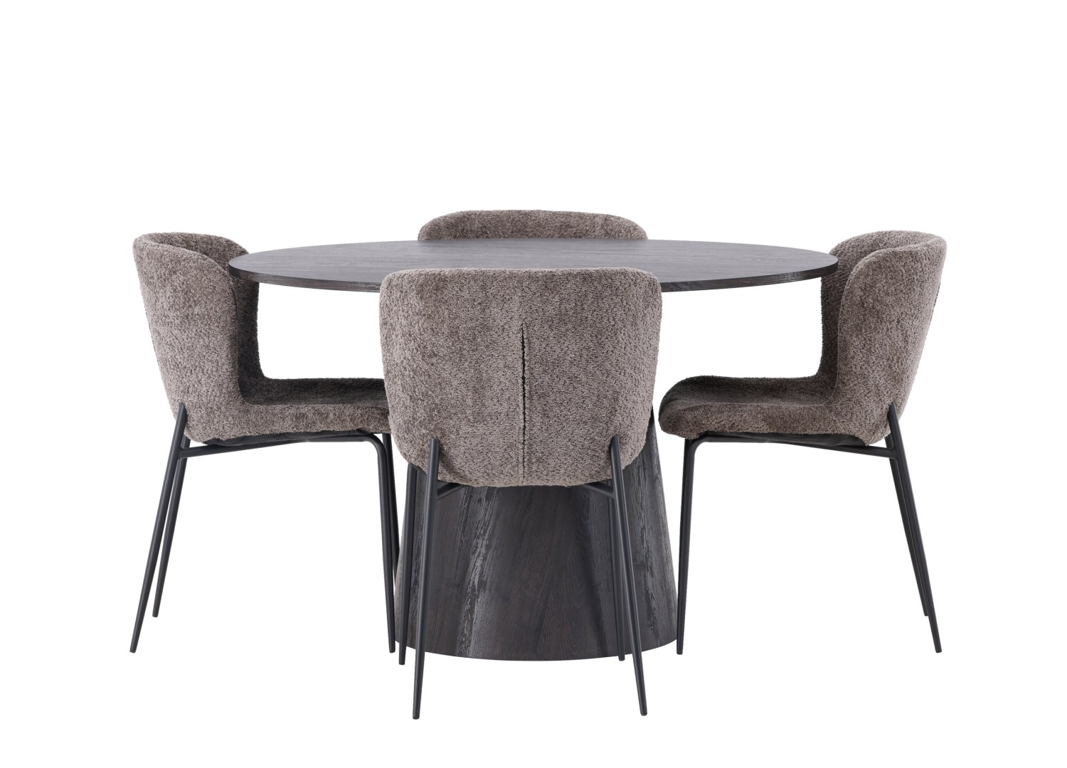 Vue produit de l’ensemble table ronde Lanzo avec 4 chaises Modesto