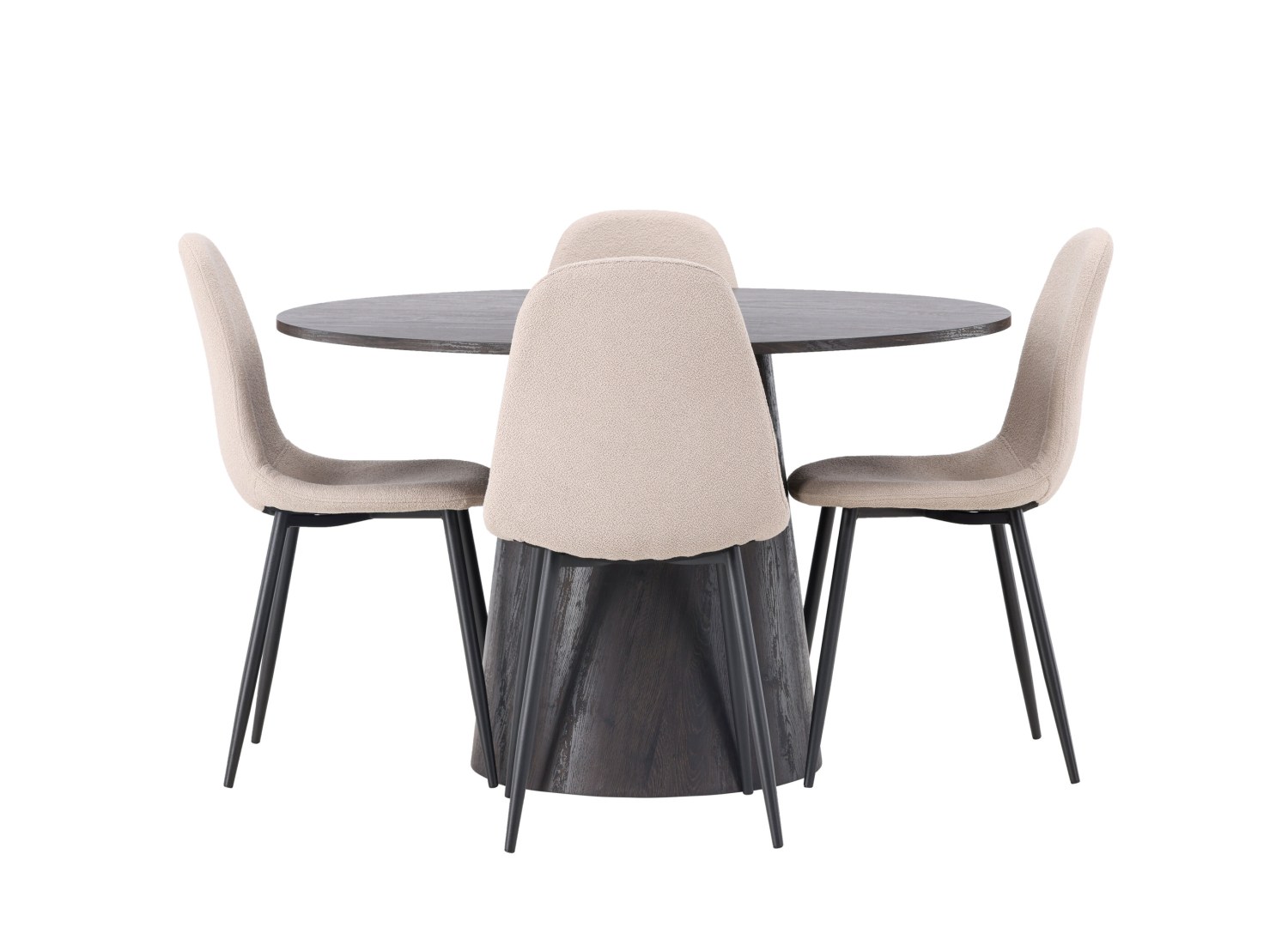 Vue produit de l’ensemble table ronde Lanzo avec 4 chaises Polar