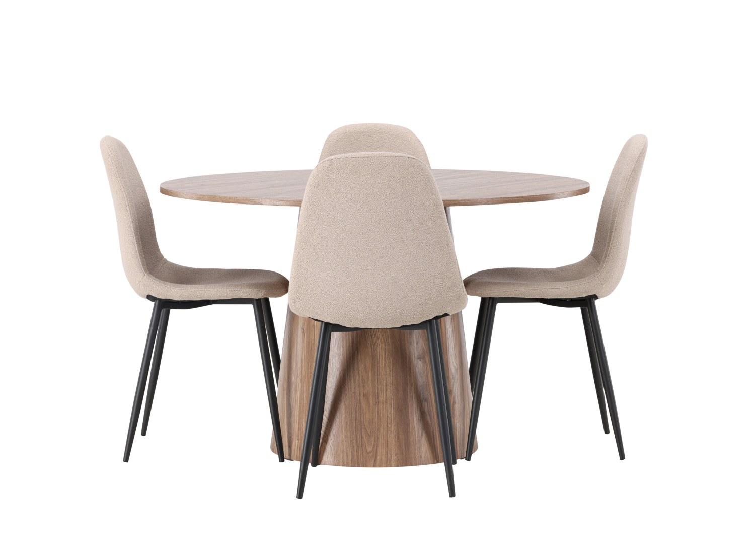 Vue produit de l’ensemble table ronde Lanzo avec 4 chaises Polar