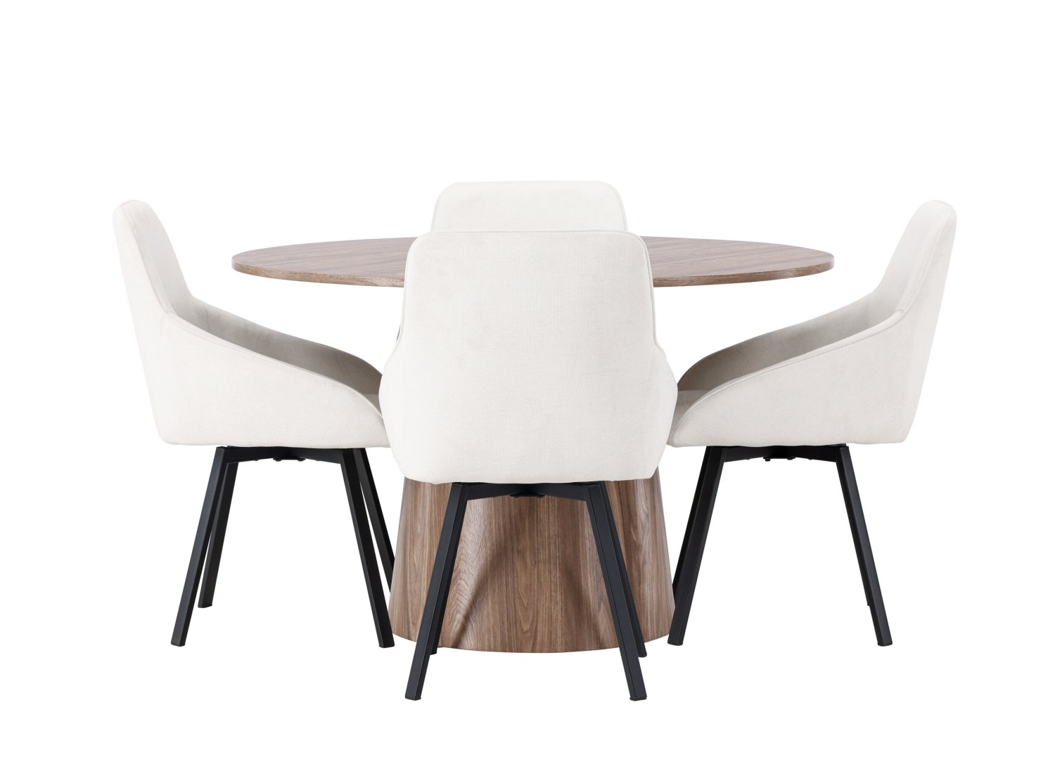 Vue produit de l’ensemble table ronde Lanzo avec 4 chaises Rosie
