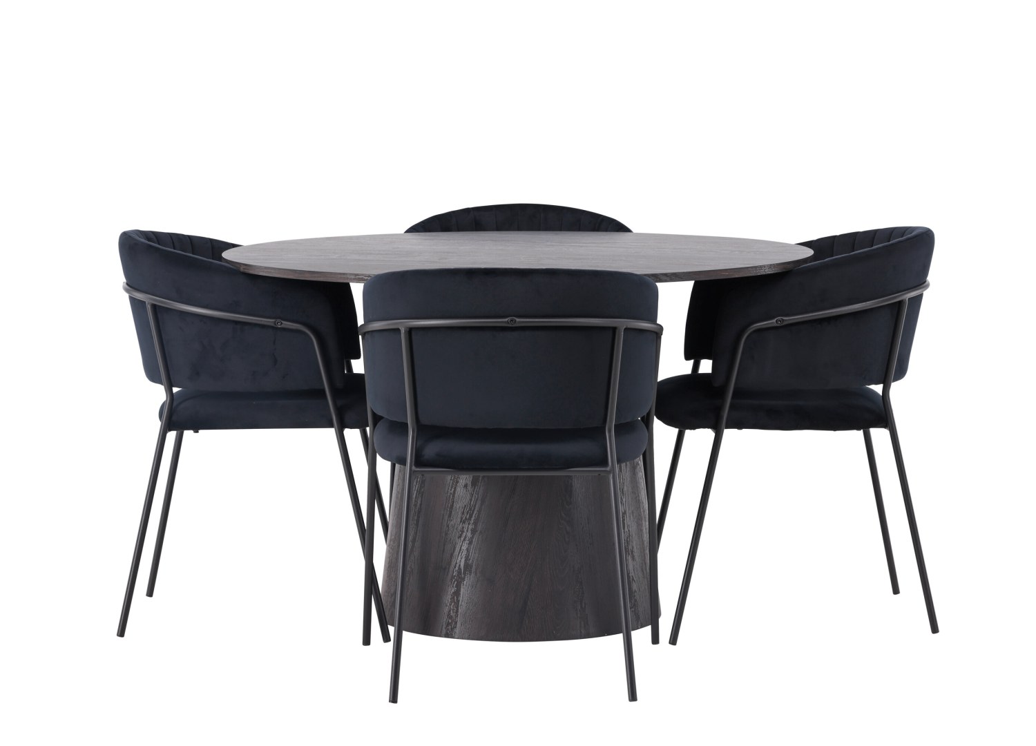 Vue produit de l’ensemble table ronde Lanzo avec 4 chaises Selma