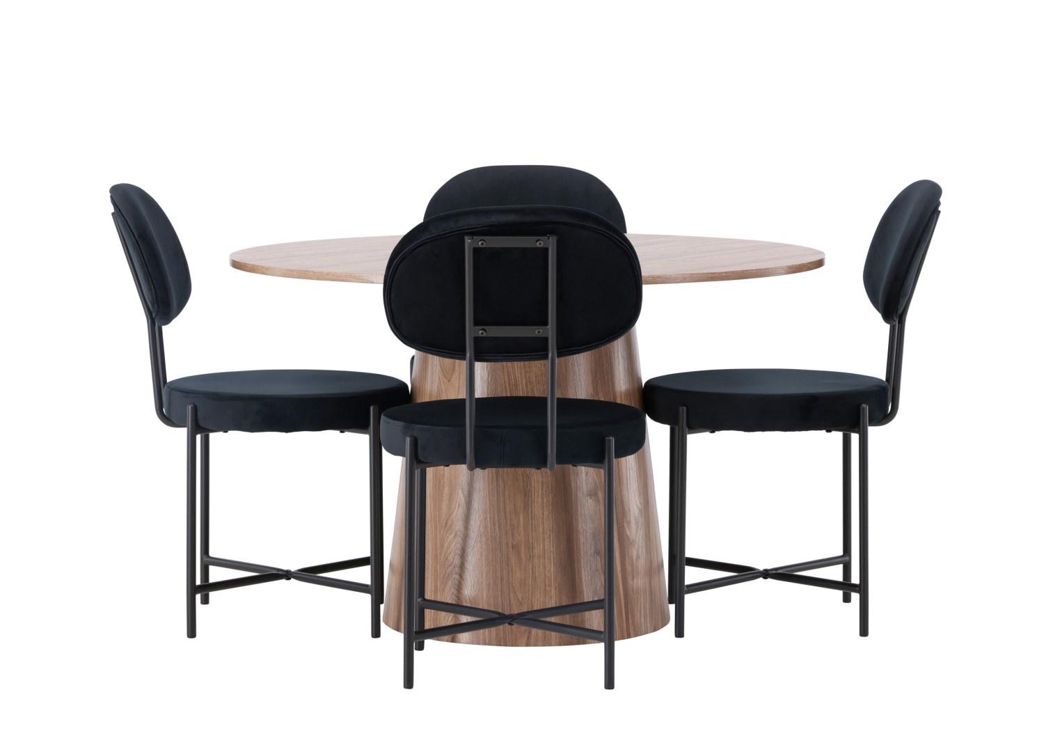 Vue produit de l’ensemble table ronde Lanzo avec 4 chaises Stella