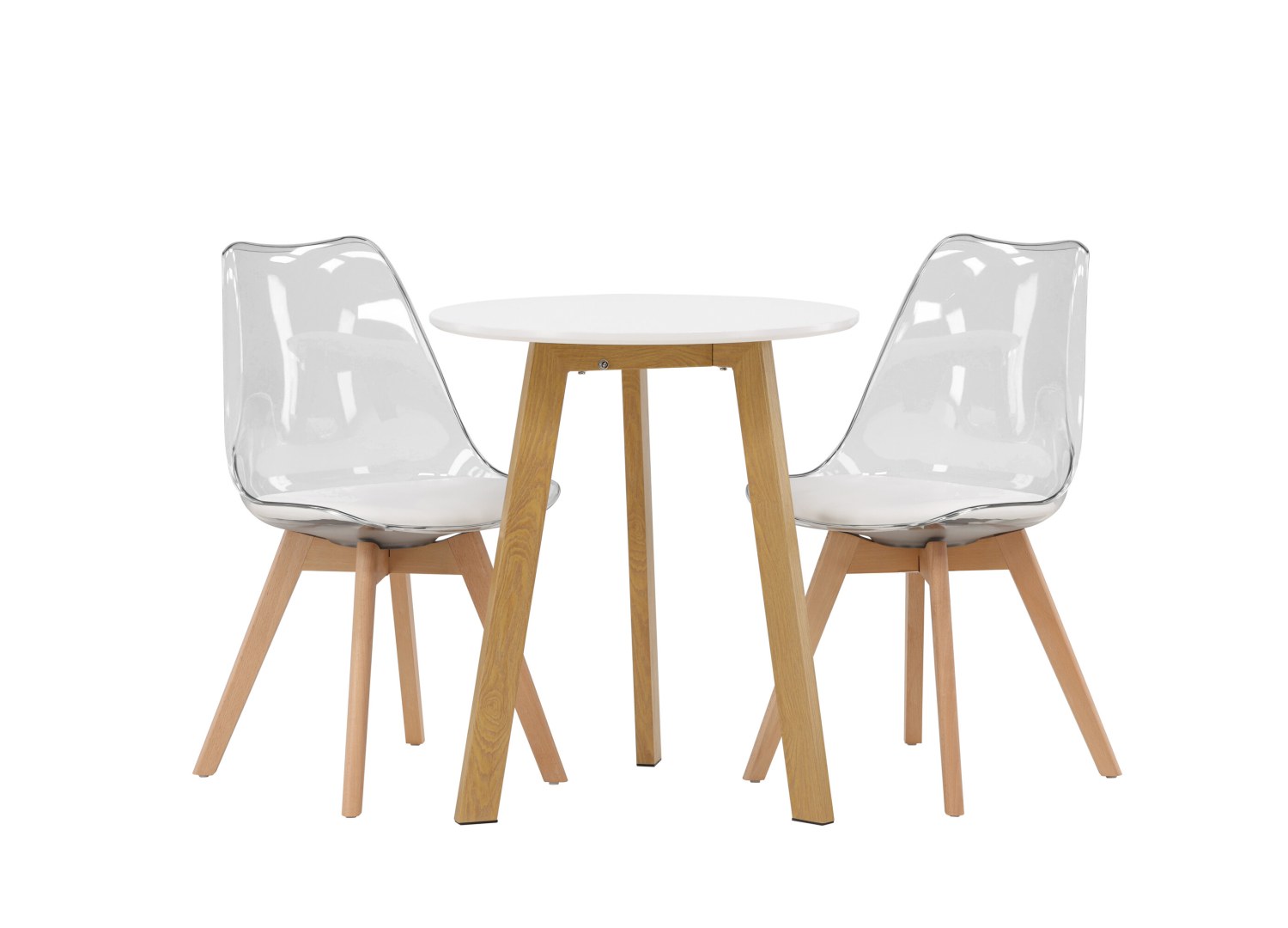 Vue produit de l’ensemble table ronde Leonora avec 2 chaises Edvin