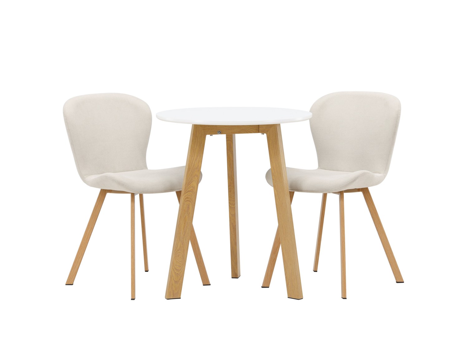 Vue produit de l’ensemble table ronde Leonora avec 2 chaises Lilja