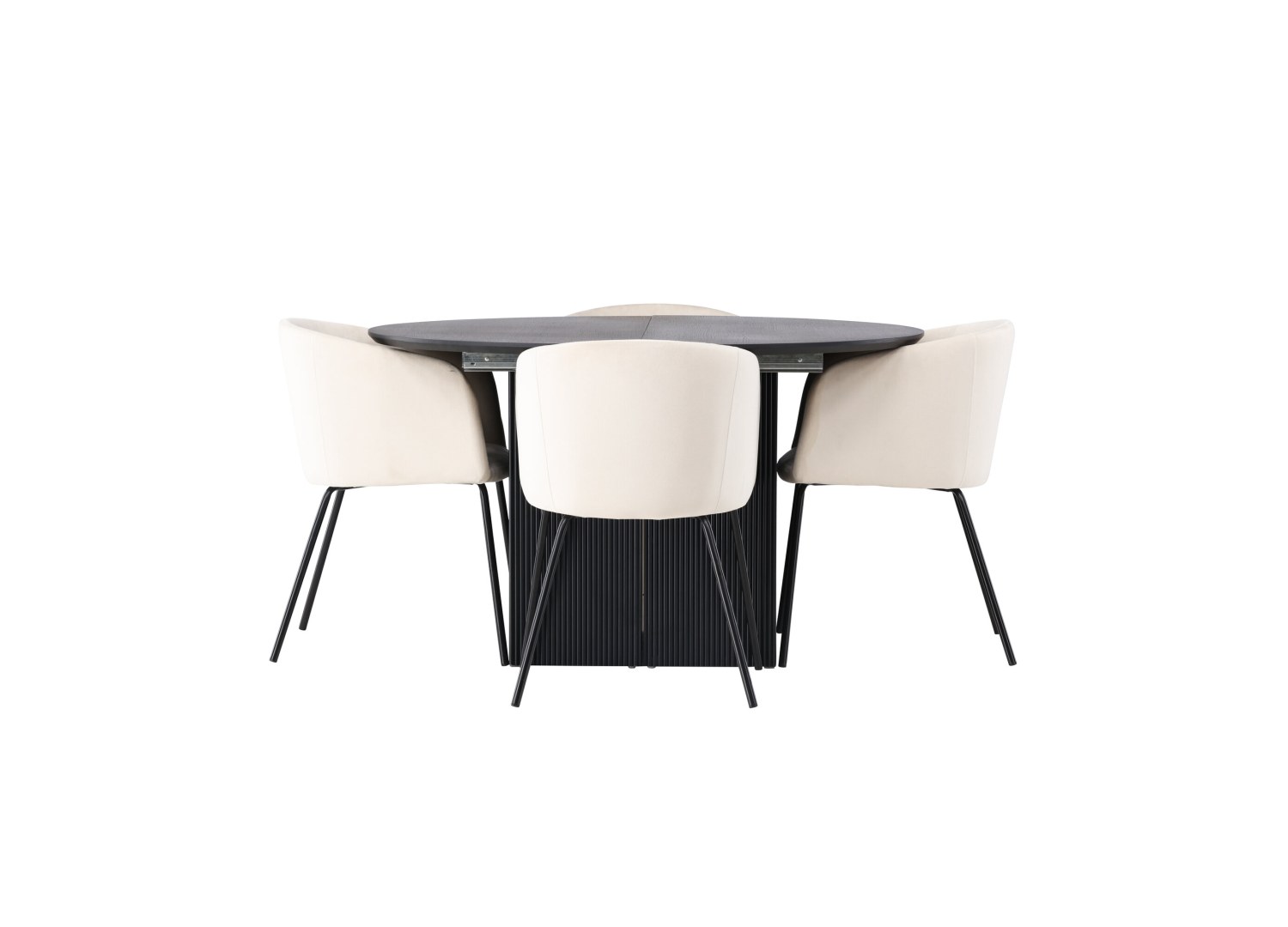 Vue produit de l’ensemble table ronde Matilda avec 4 chaises Berit