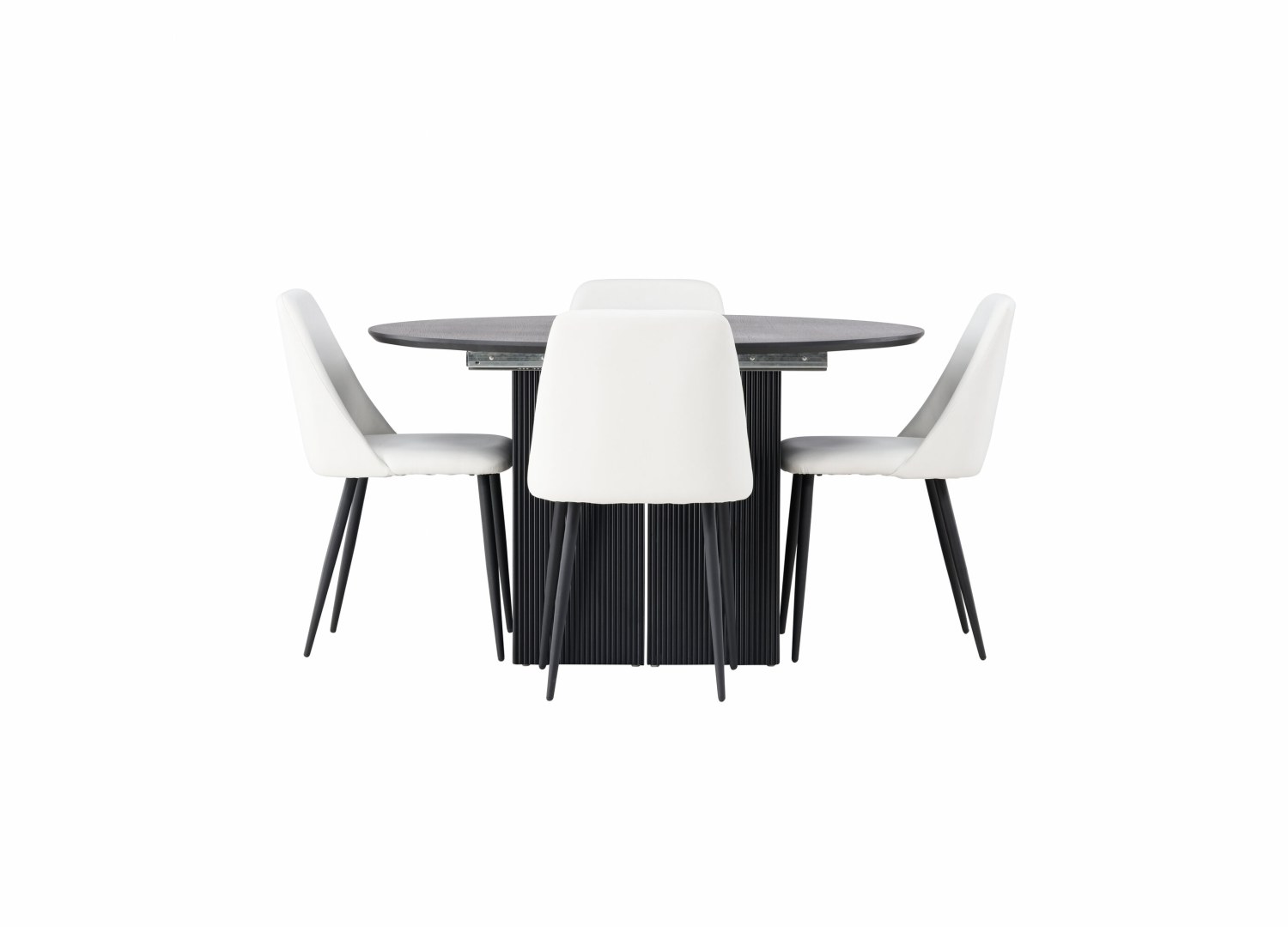 Vue produit de l’ensemble table ronde Matilda avec 4 chaises Night