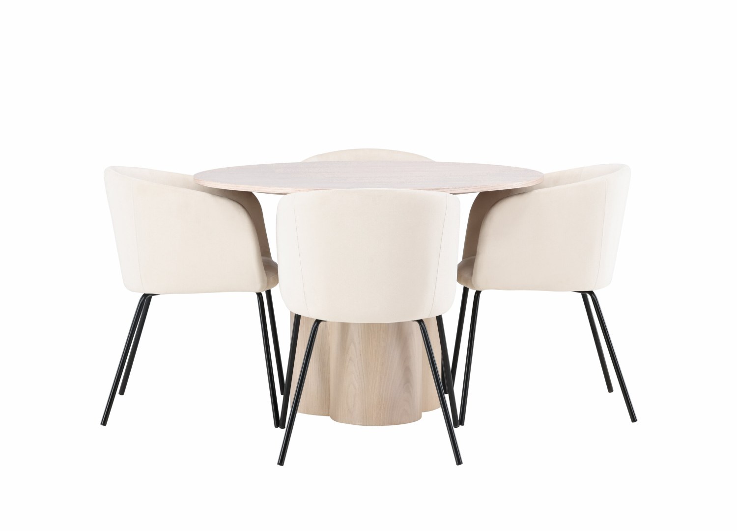 Vue produit de l’ensemble table ronde Olivia avec 4 chaises Berit