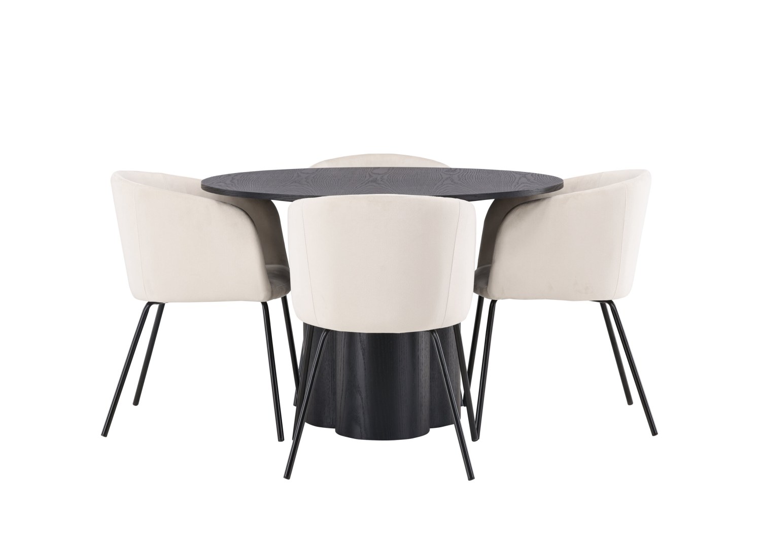 Vue produit de l’ensemble table ronde Olivia avec 4 chaises Berit