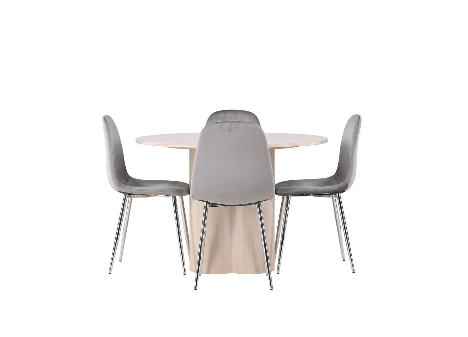 Vue produit de l’ensemble table ronde Olivia avec 4 chaises Eva