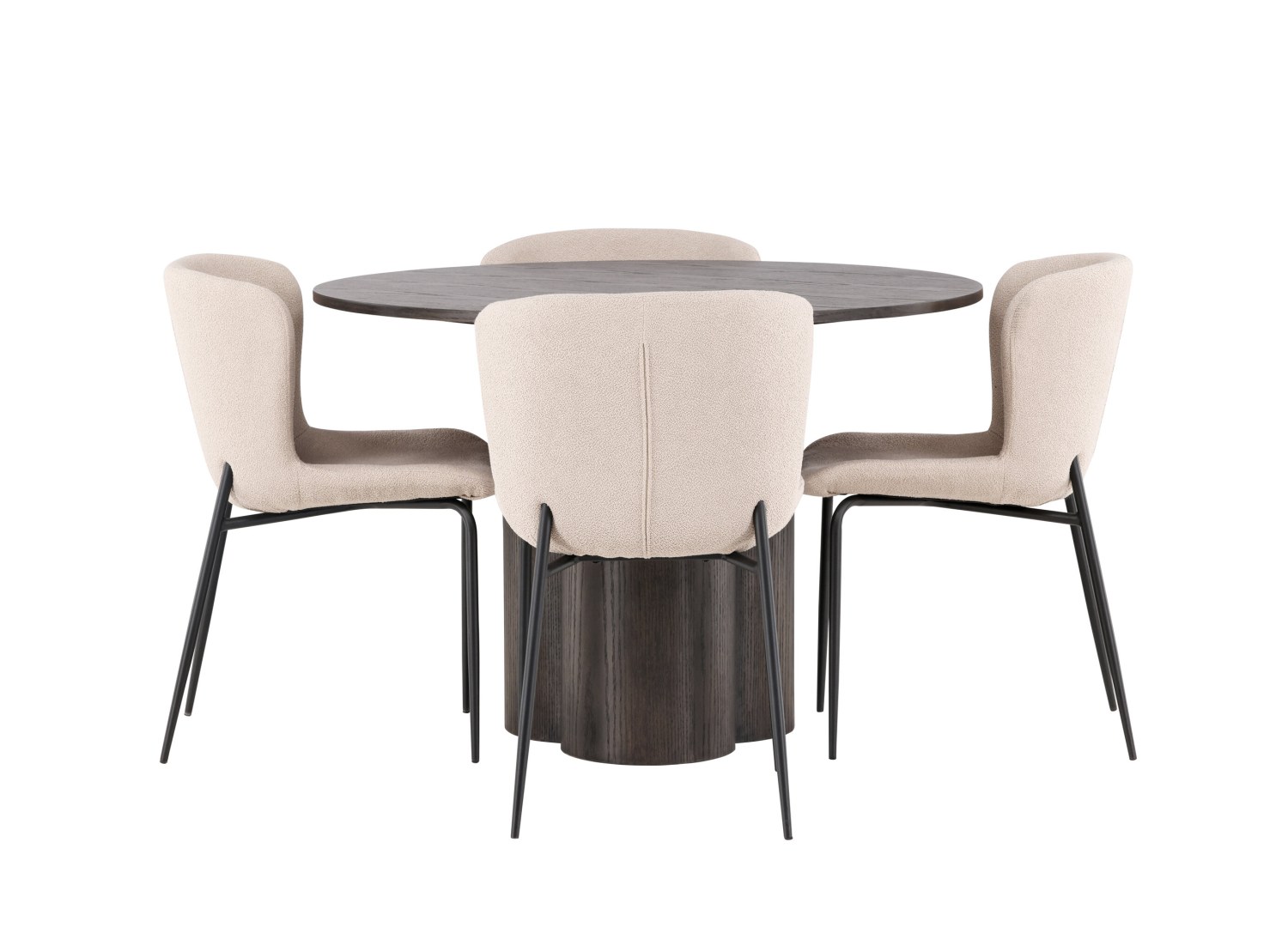 Vue produit de l’ensemble table ronde Olivia avec 4 chaises Modesto