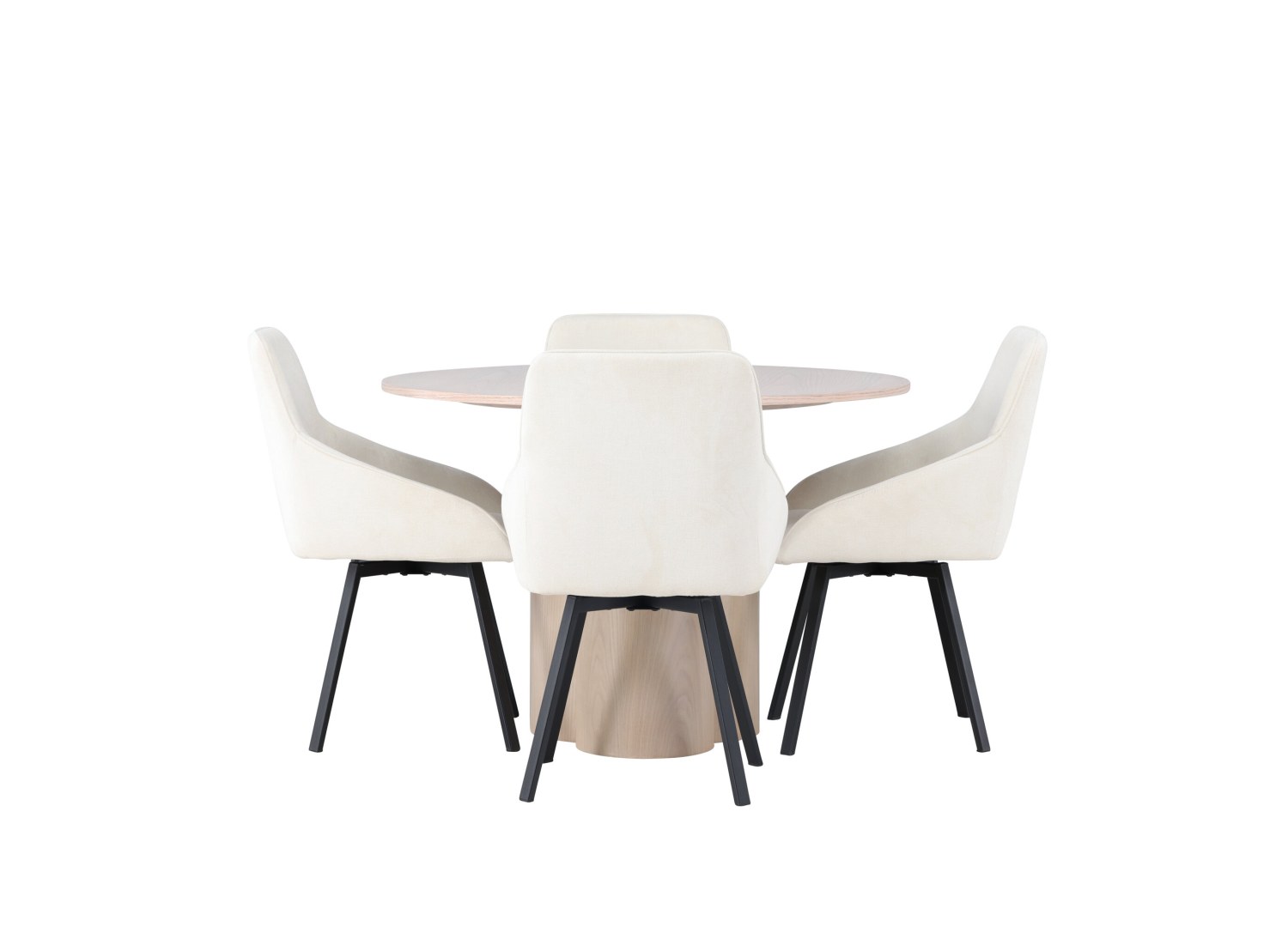 Vue produit de l’ensemble table ronde Olivia avec 4 chaises Rosie