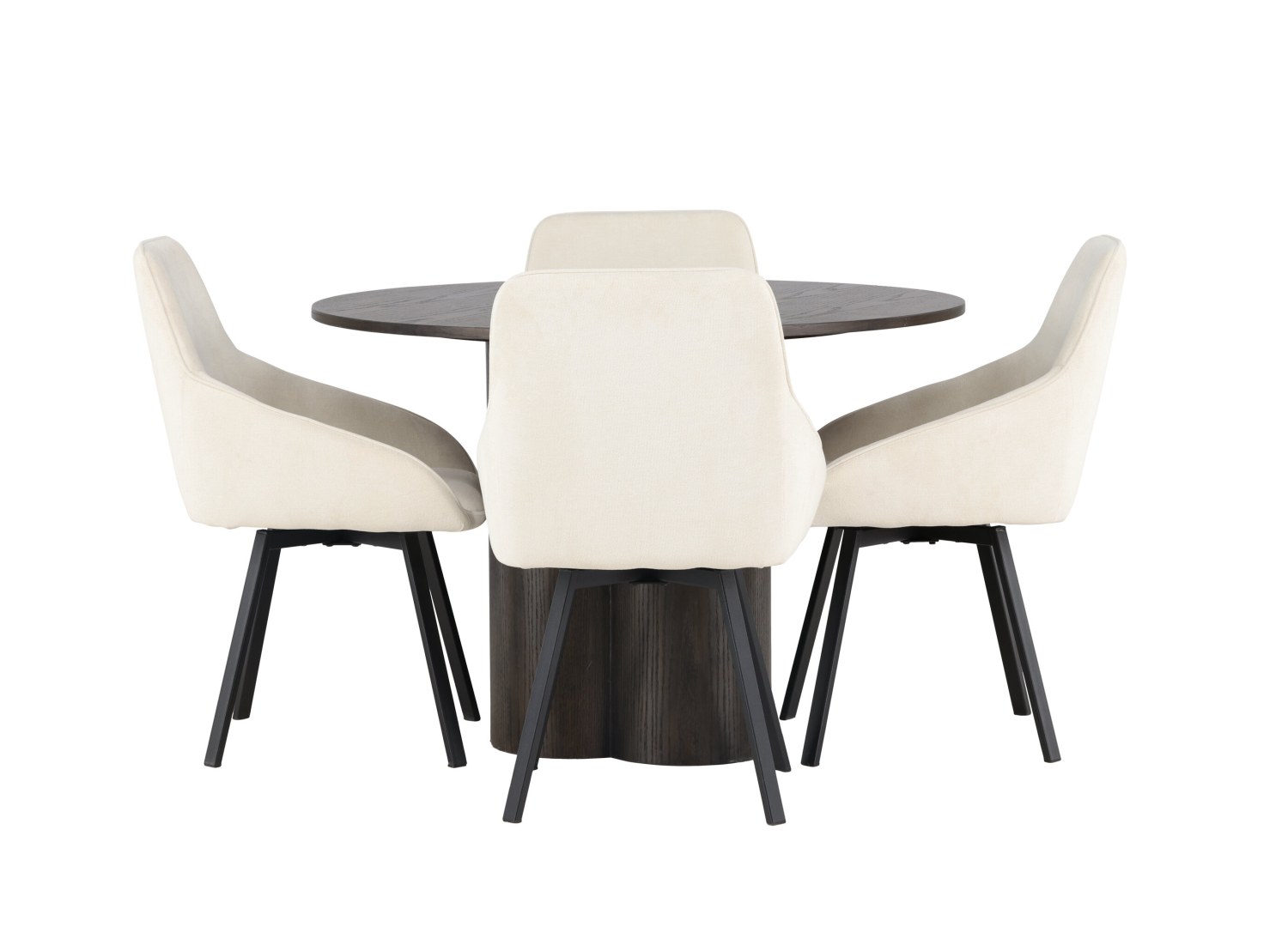 Vue produit de l’ensemble table ronde Olivia avec 4 chaises Rosie
