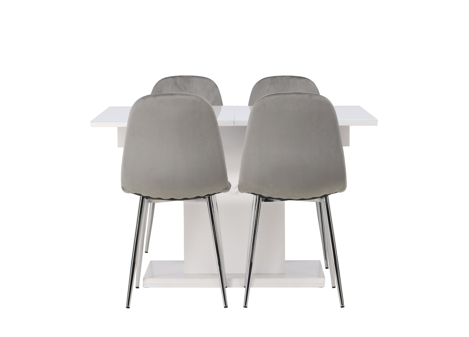 Vue produit de l’ensemble table rectangulaire Pluto avec 4 chaises Eva
