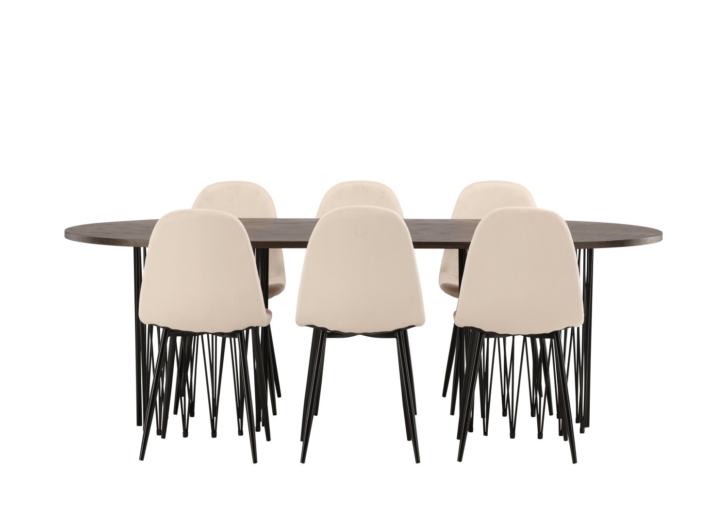 Vue produit de l’ensemble table ovale Stone avec 6 chaises Polar