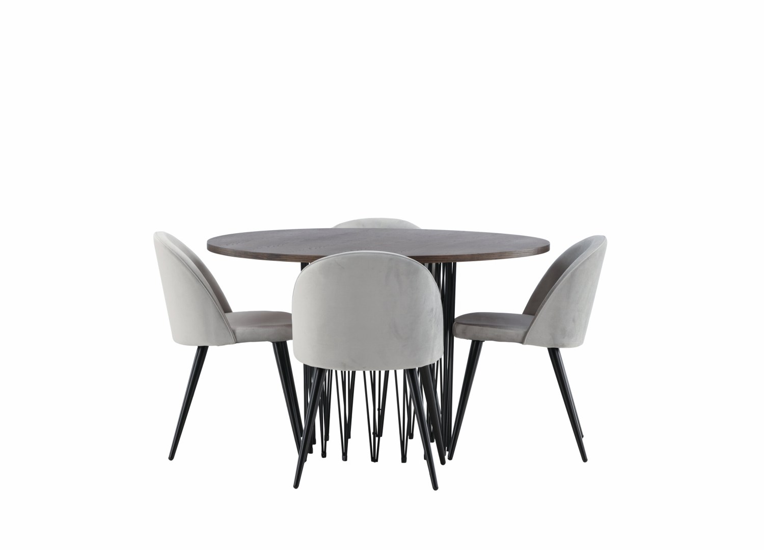 Vue produit de l’ensemble table ronde Stone avec 4 chaises Velvet
