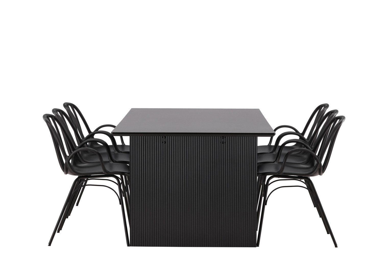 Vue produit de l’ensemble table rectangulaire Vail avec 6 chaises Dyrön