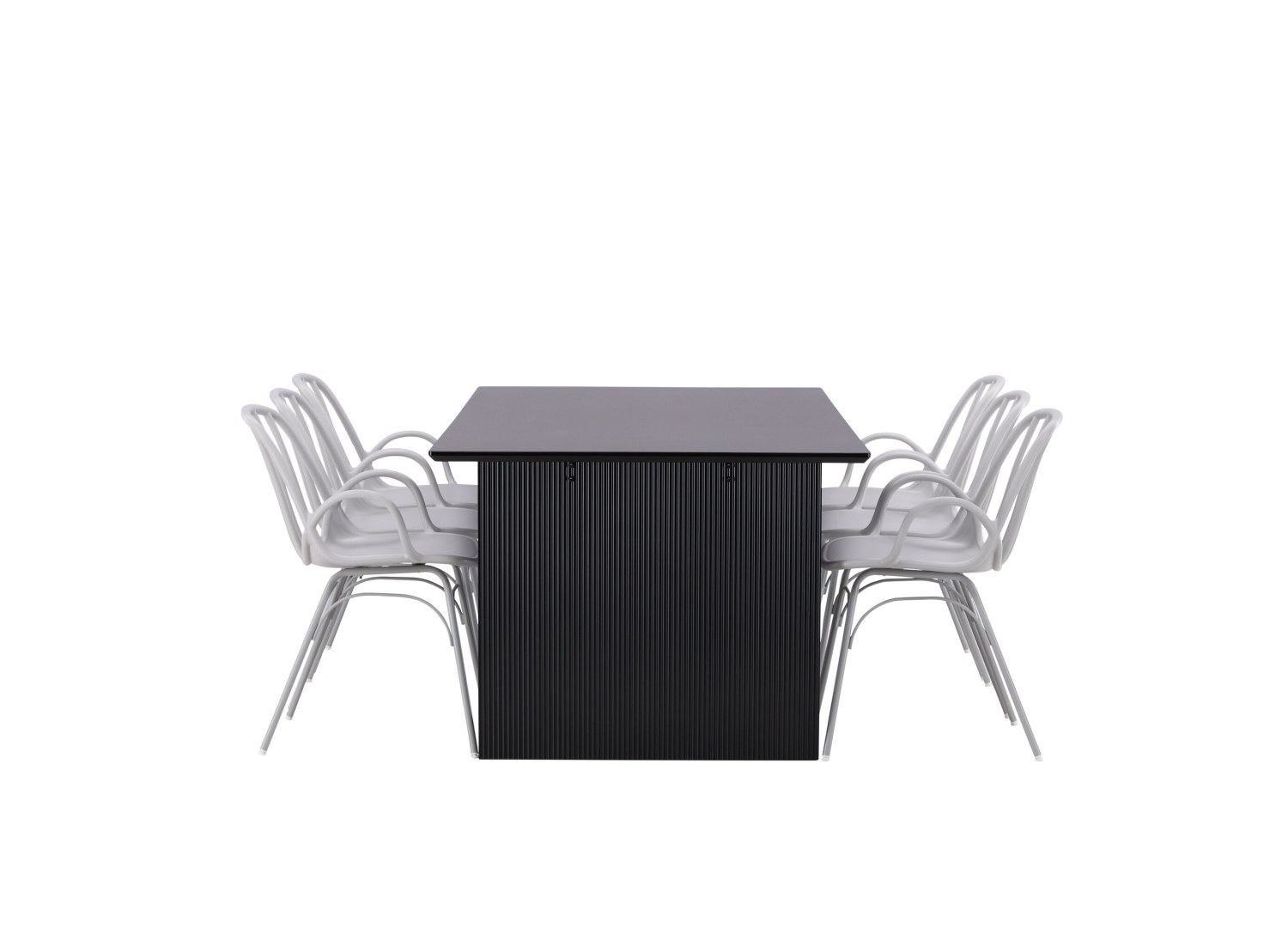 Vue produit de l’ensemble table rectangulaire Vail avec 6 chaises Dyrön