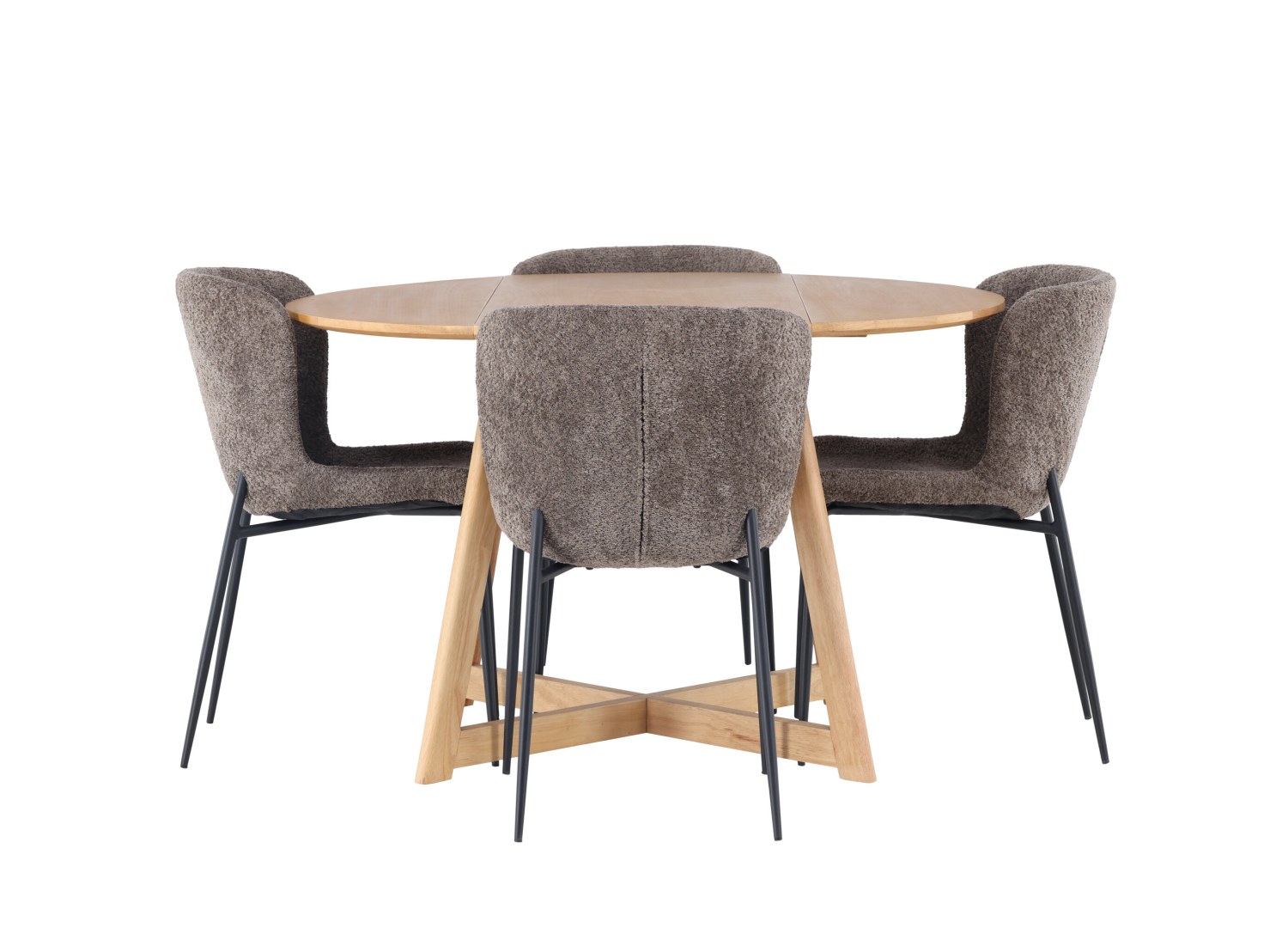 Vue produit de l’ensemble table ronde Yakidon avec 4 chaises Modesto