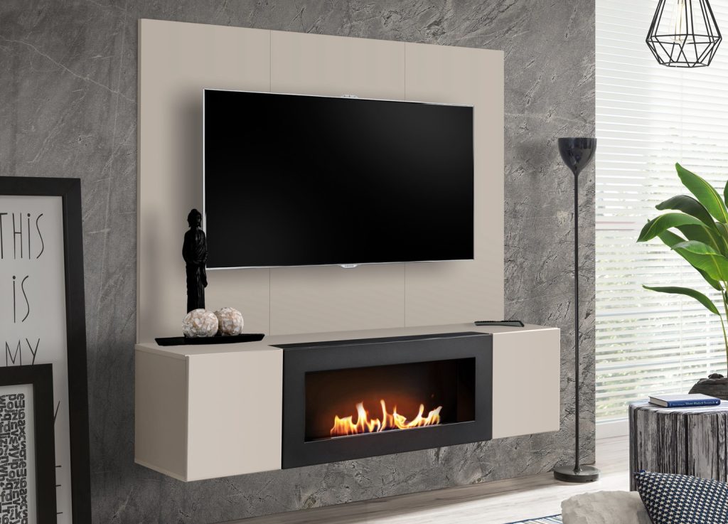 Vue d’ensemble de Ensemble TV mural 160 cm cachemire avec cheminée bioéthanol Fly B-K