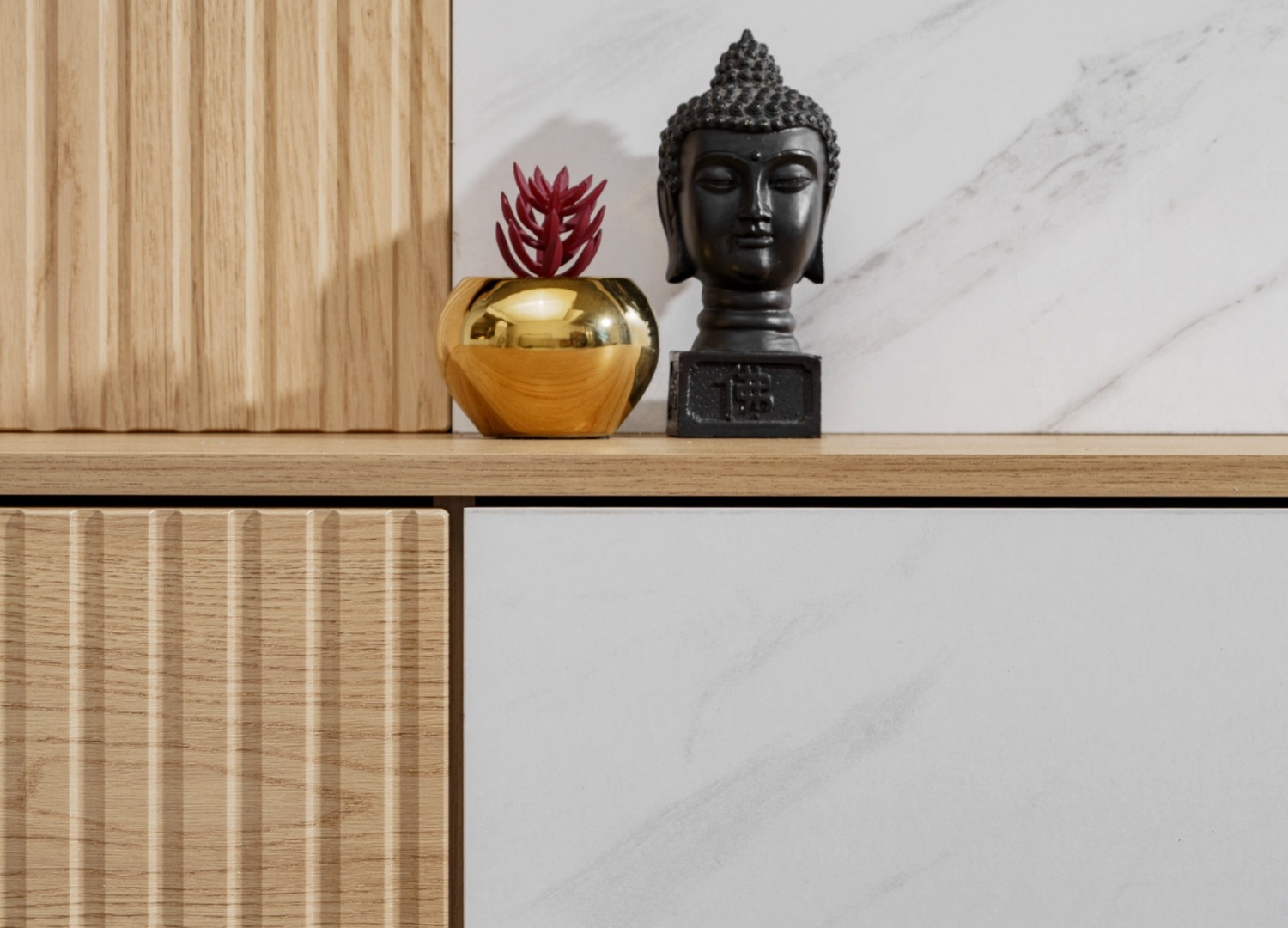 Détail des façades de Ensemble TV mural 160 cm chêne Cremona et effet marbre Bianco Noir 1