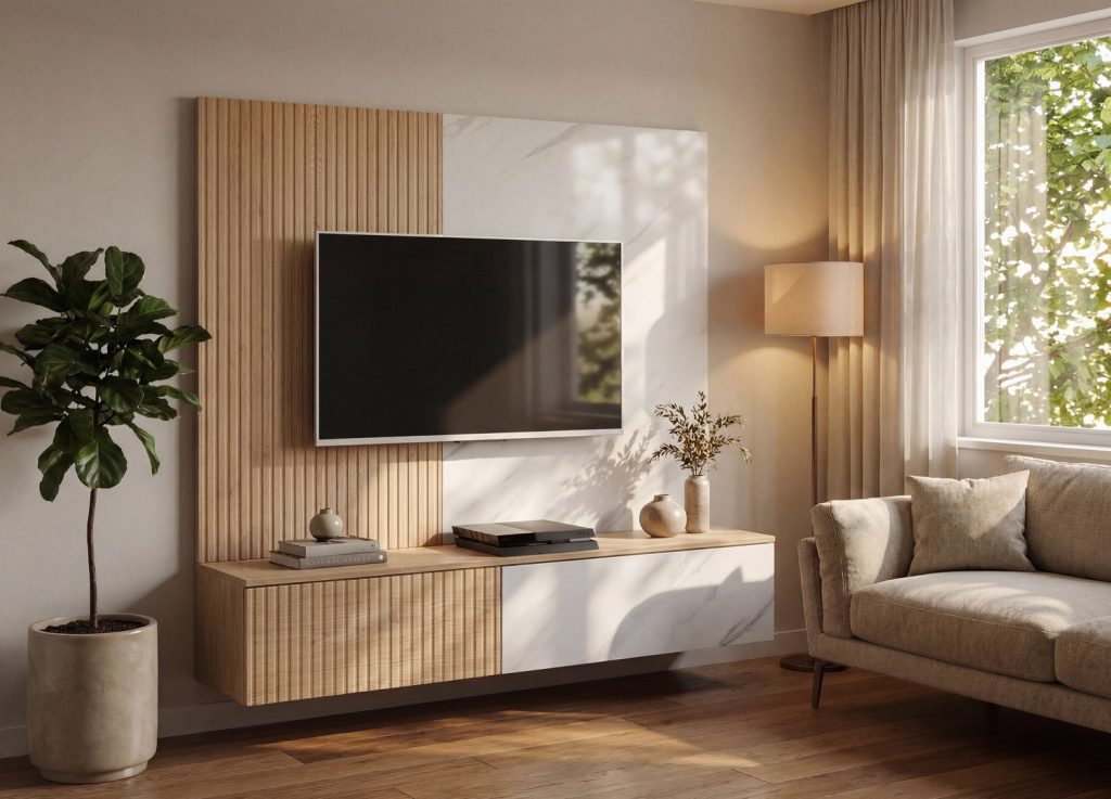 Vue d’ensemble de Ensemble TV mural 160 cm chêne Cremona et effet marbre Bianco Noir 1