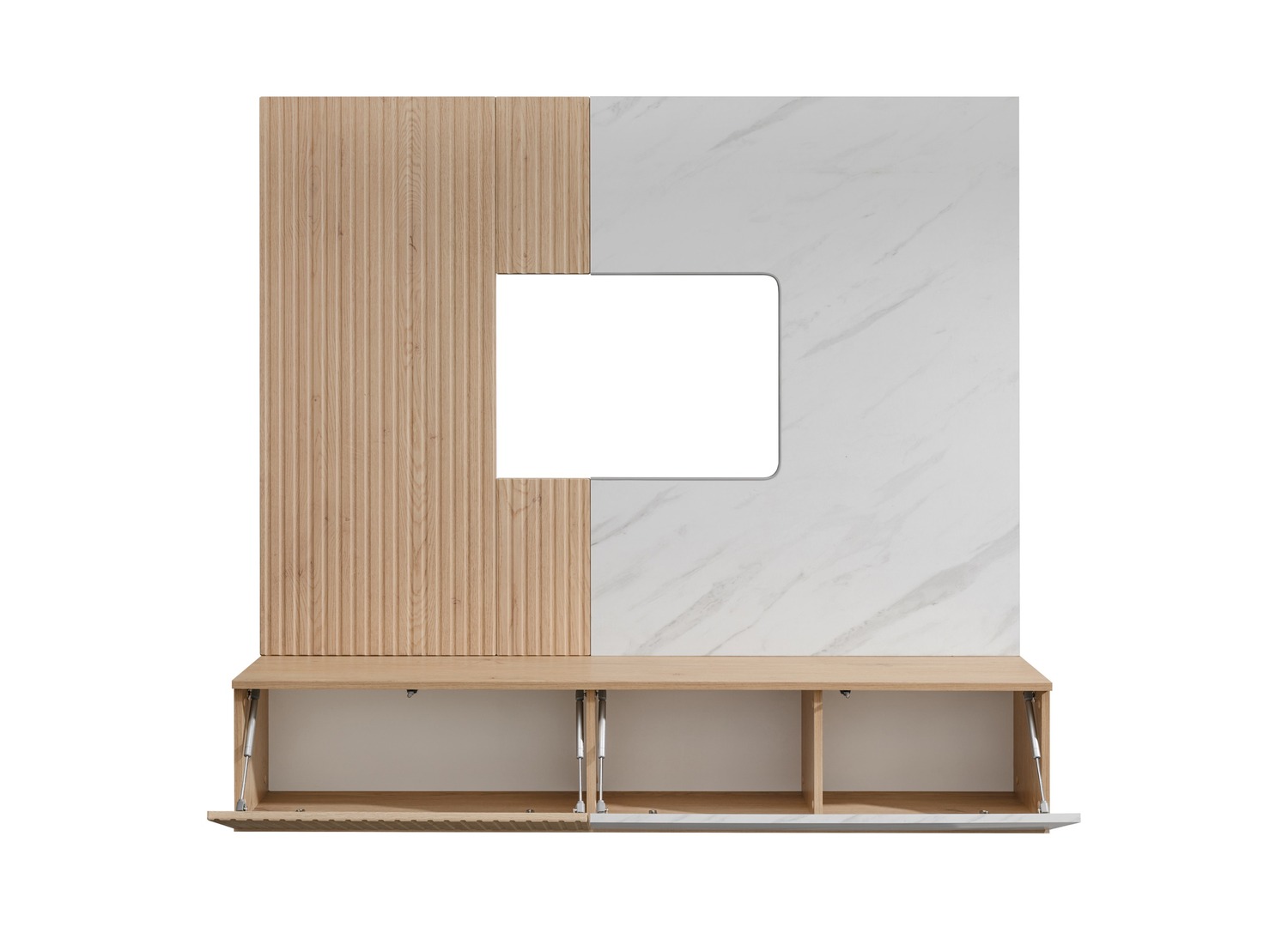 Vue ouverte et rangements de Ensemble TV mural 160 cm chêne Cremona et effet marbre Bianco Noir 1