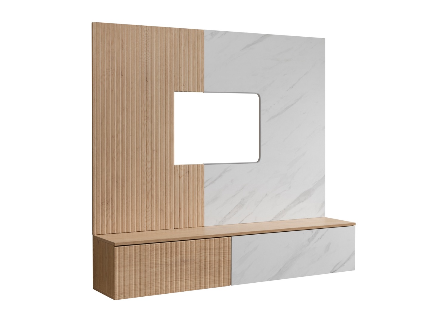 Vue produit de Ensemble TV mural 160 cm chêne Cremona et effet marbre Bianco Noir 1