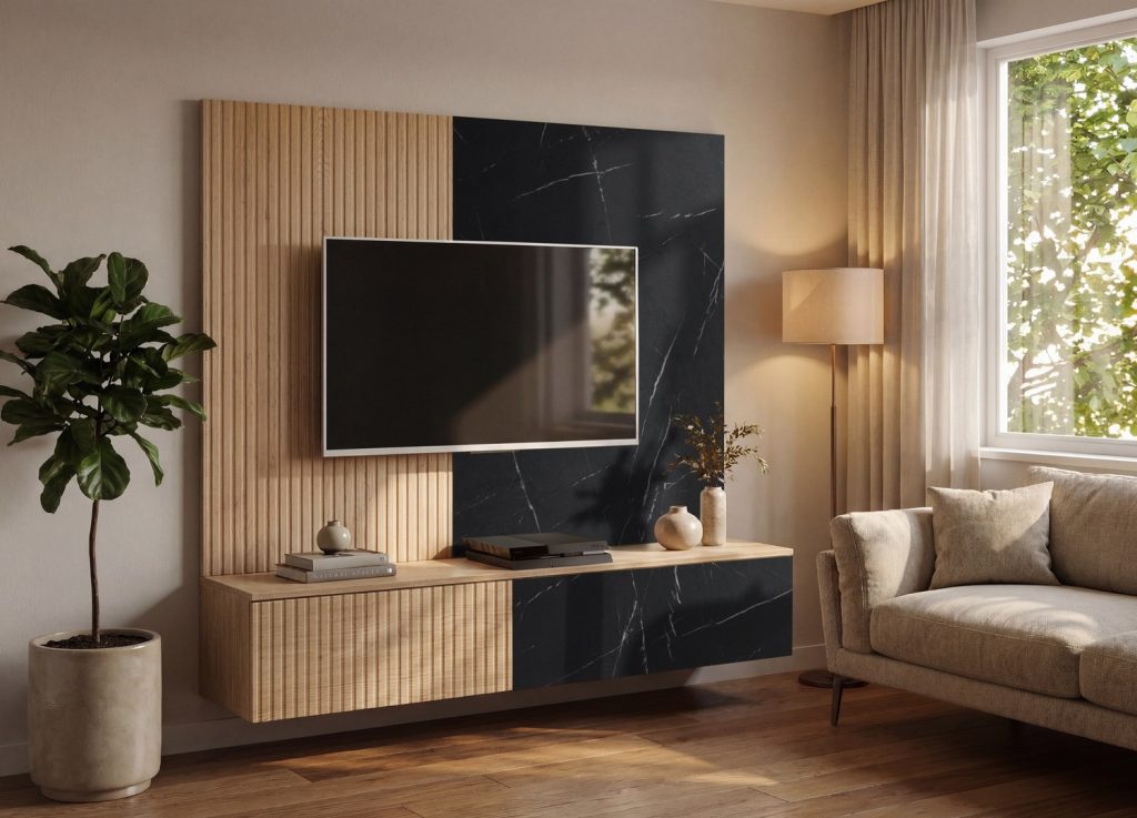 Vue d’ensemble de Ensemble TV mural 160 cm chêne Cremona et effet marbre noir Noir 1