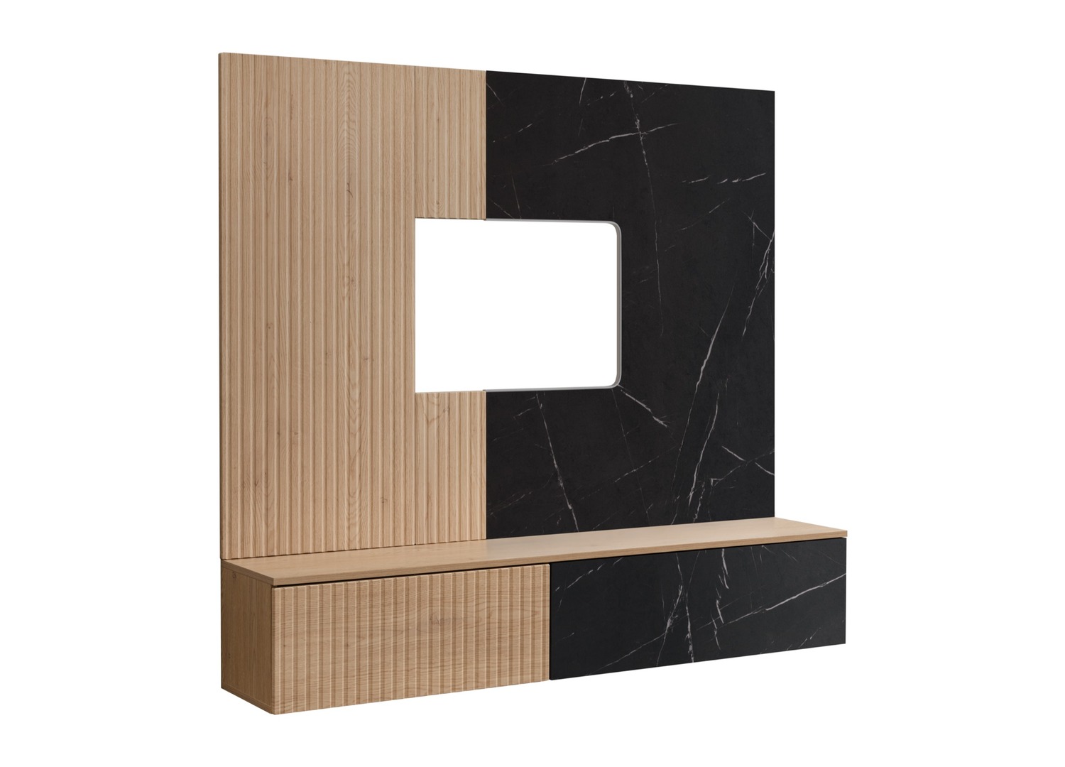 Vue ouverte et rangements de Ensemble TV mural 160 cm chêne Cremona et effet marbre noir Noir 1