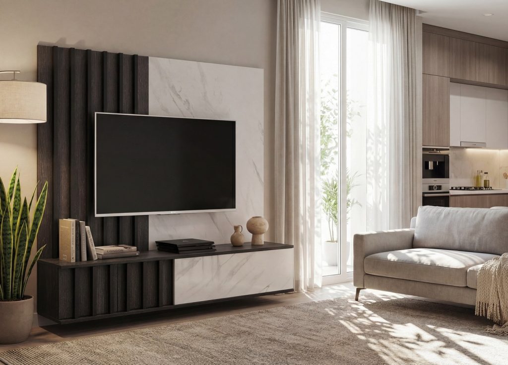 Vue d’ensemble de Ensemble TV mural 160 cm chêne graphite et effet marbre Bianco Noir 2