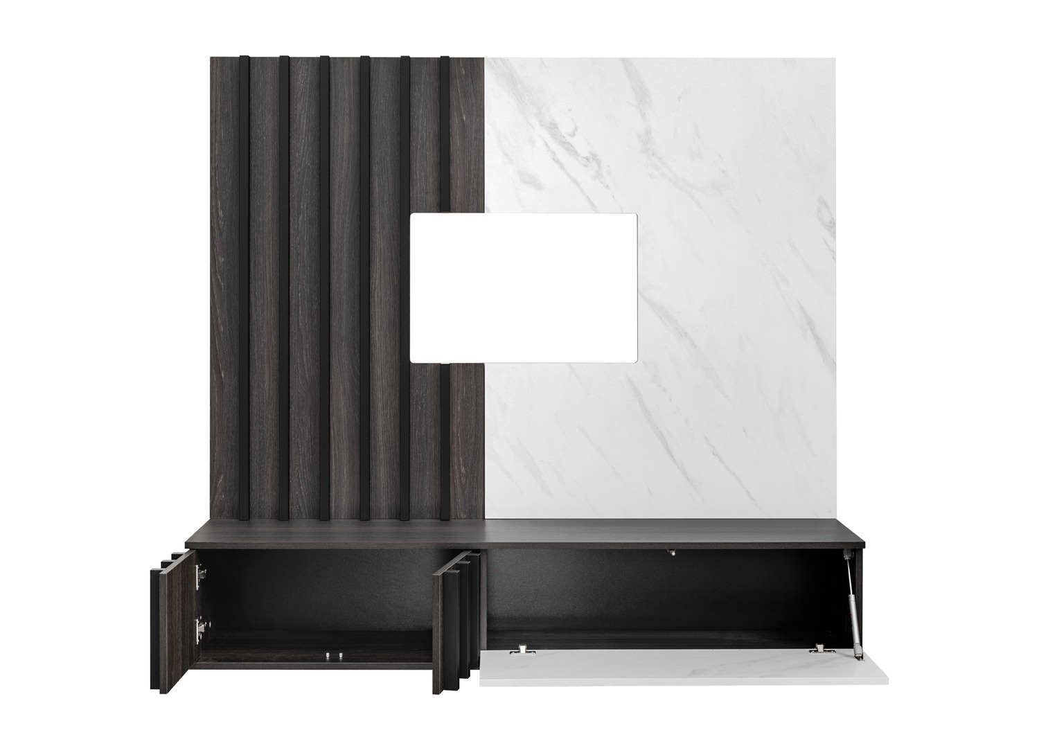 Vue ouverte et rangements de Ensemble TV mural 160 cm chêne graphite et effet marbre Bianco Noir 2