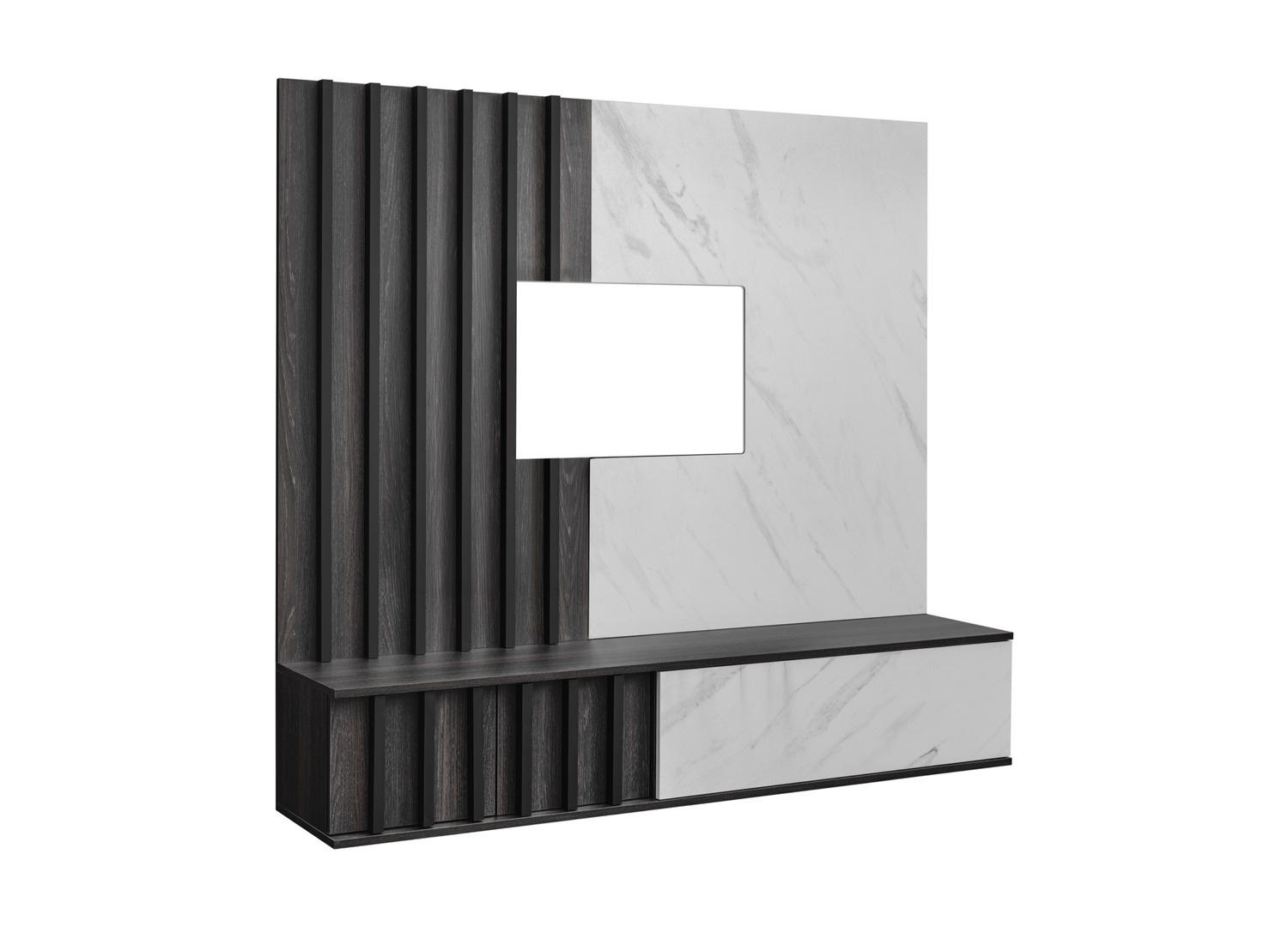 Vue produit de Ensemble TV mural 160 cm chêne graphite et effet marbre Bianco Noir 2