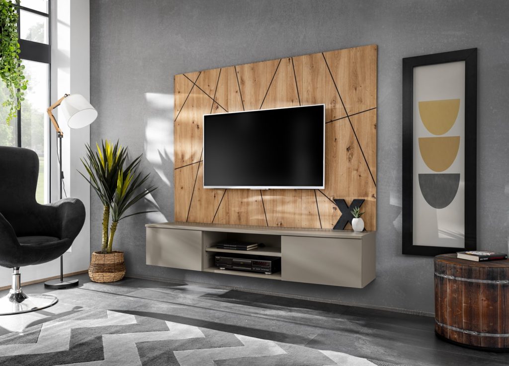 Vue d’ensemble de Ensemble TV mural 160 cm gris argile et chêne artisan Xari G2