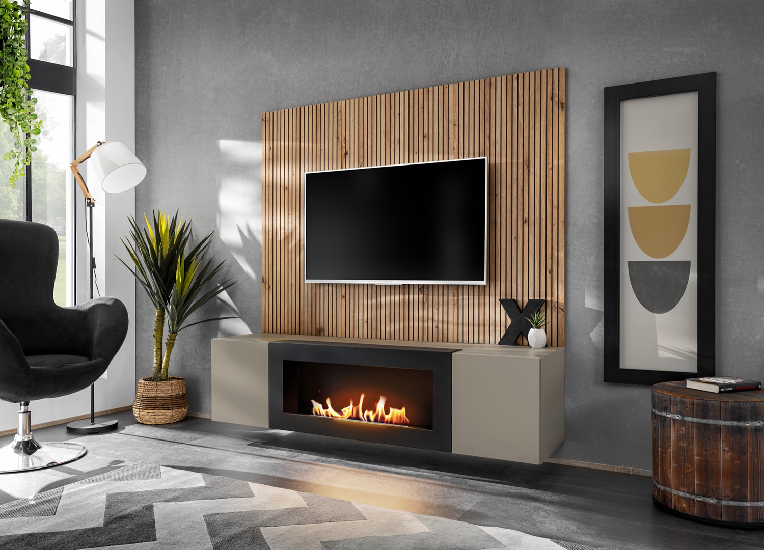 Vue d’ensemble de Ensemble TV mural 160 cm gris argile et chêne artisan Xari L2-K