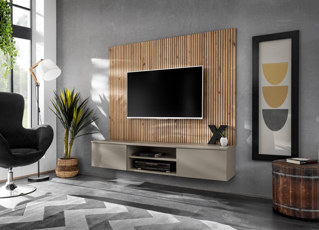 Vue d’ensemble de Ensemble TV mural 160 cm gris argile et chêne artisan Xari L2