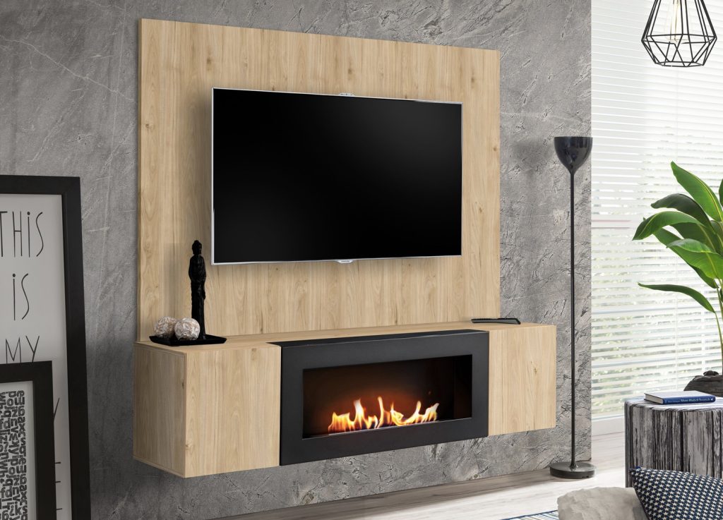 Vue d’ensemble de Ensemble TV mural 160 cm hickory Jackson avec cheminée bioéthanol Fly B-K