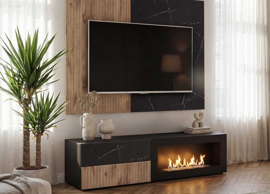 Vue d’ensemble de Ensemble TV mural 160 cm noir, chêne Vicking et effet marbre noir avec cheminée bioéthanol Cannes