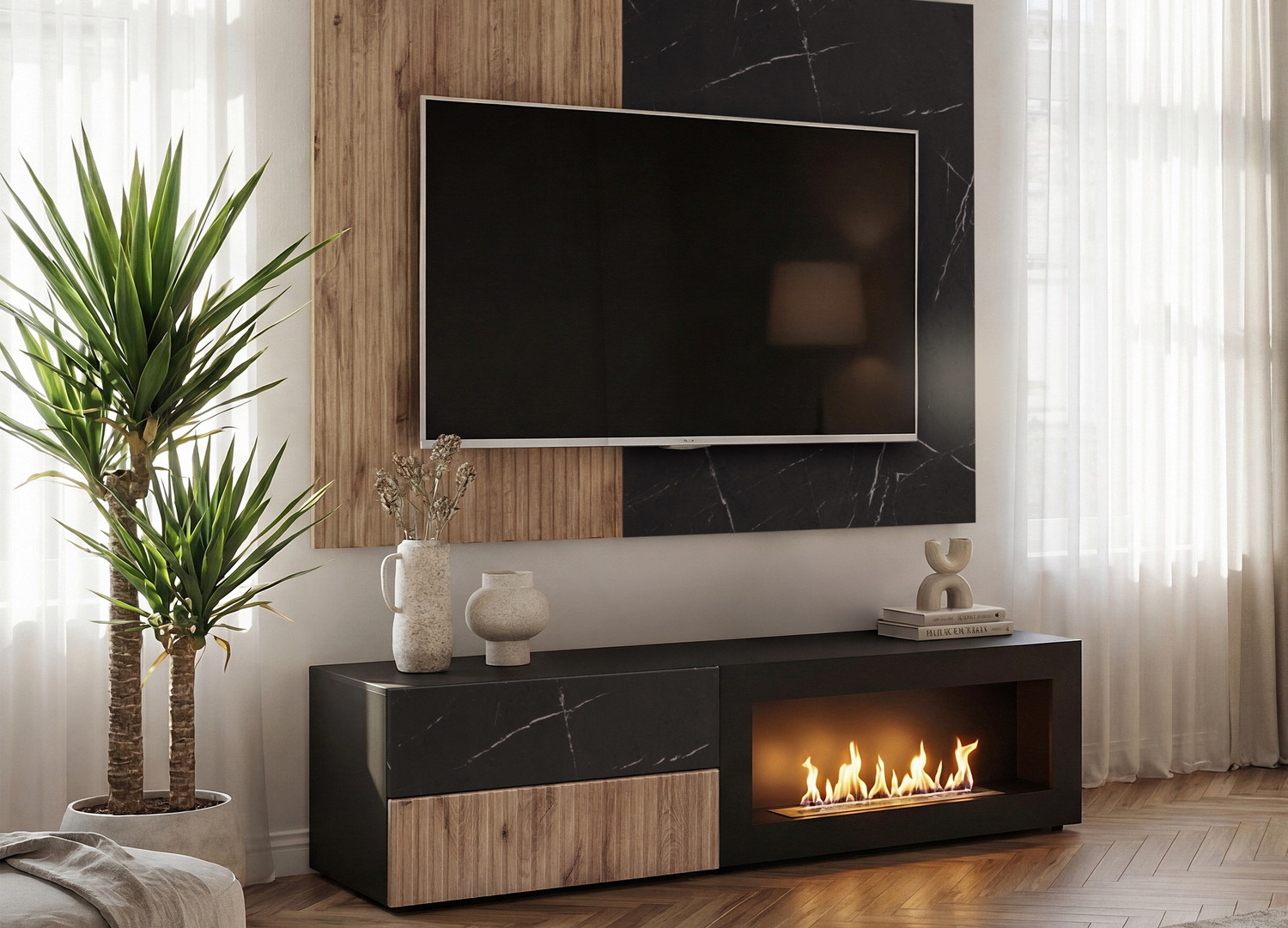 Vue d’ensemble de Ensemble TV mural 160 cm noir, chêne Vicking et effet marbre noir avec cheminée bioéthanol Cannes