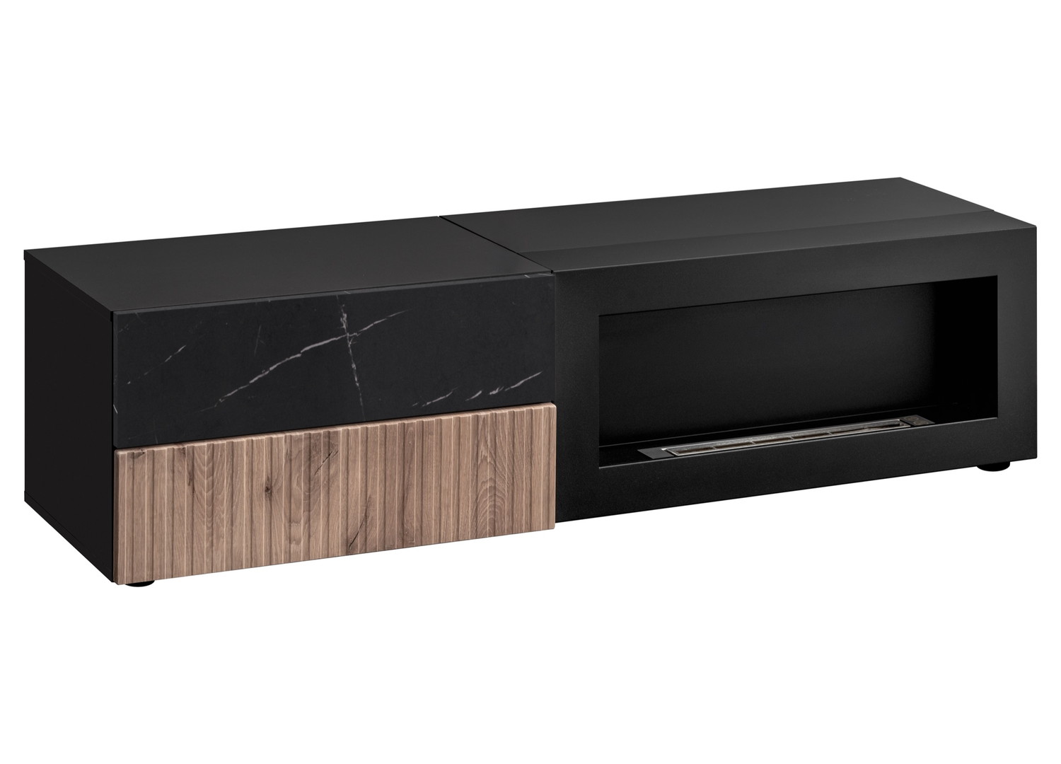Vue ouverte et rangements de Ensemble TV mural 160 cm noir, chêne Vicking et effet marbre noir avec cheminée bioéthanol Cannes
