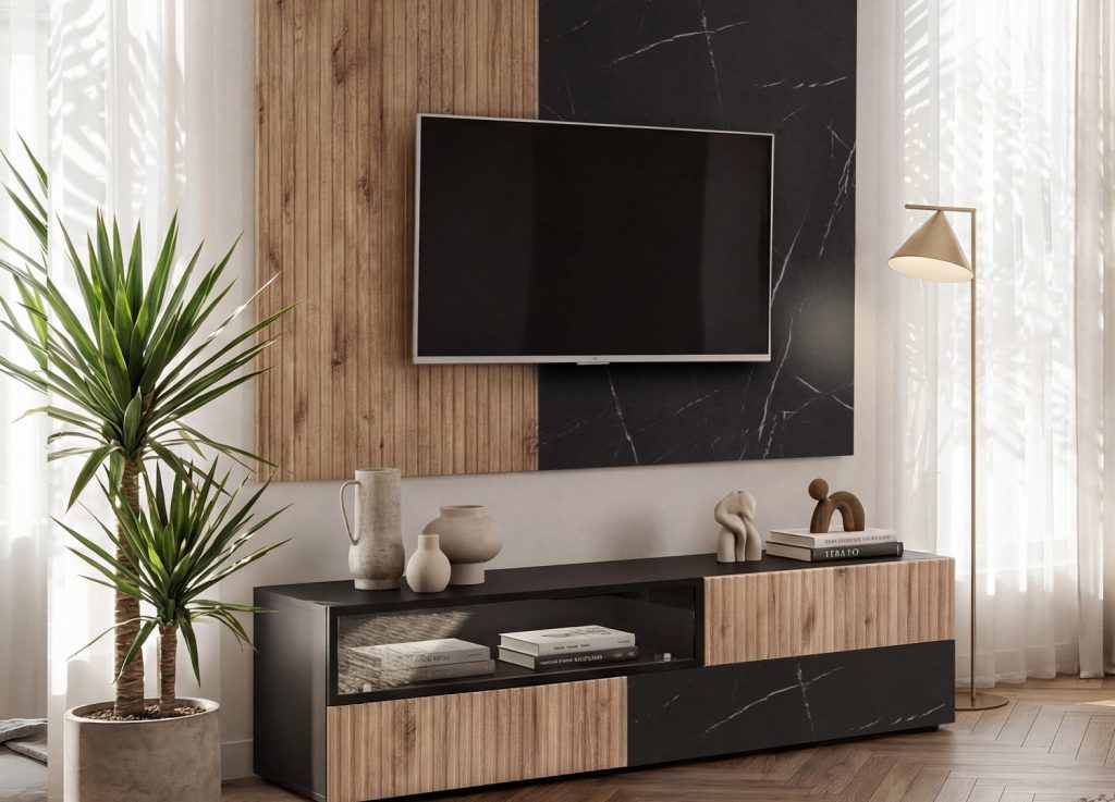 Vue d’ensemble de Ensemble TV mural 160 cm noir, chêne Vicking et effet marbre noir Cannes