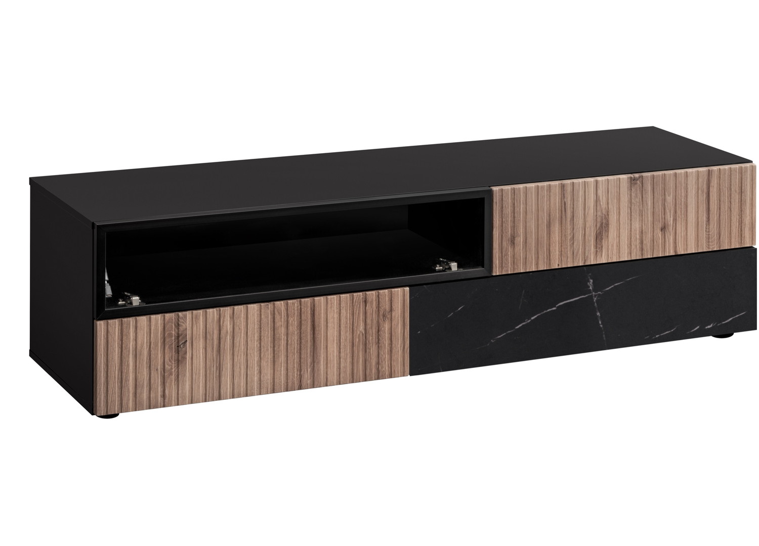 Vue ouverte et rangements de Ensemble TV mural 160 cm noir, chêne Vicking et effet marbre noir Cannes